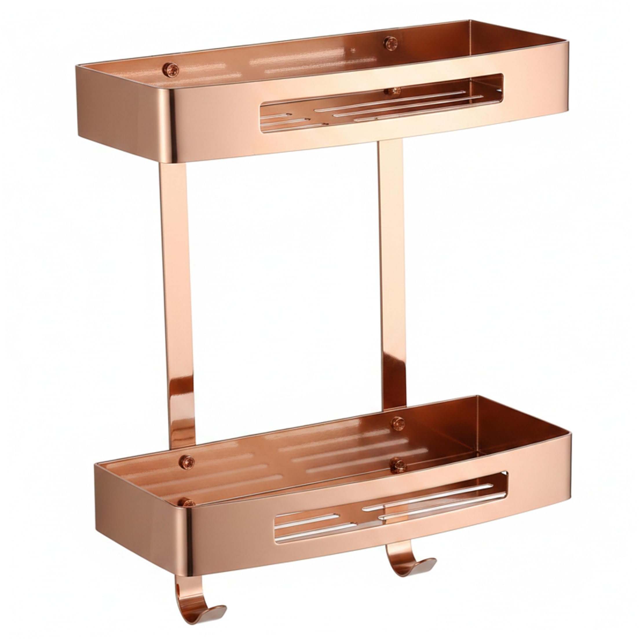 Estante esquinero para baño, carrito de ducha de doble nivel, organizador de pared adhesivo de acero inoxidable 304 con ganchos, oro rosa sin taladro