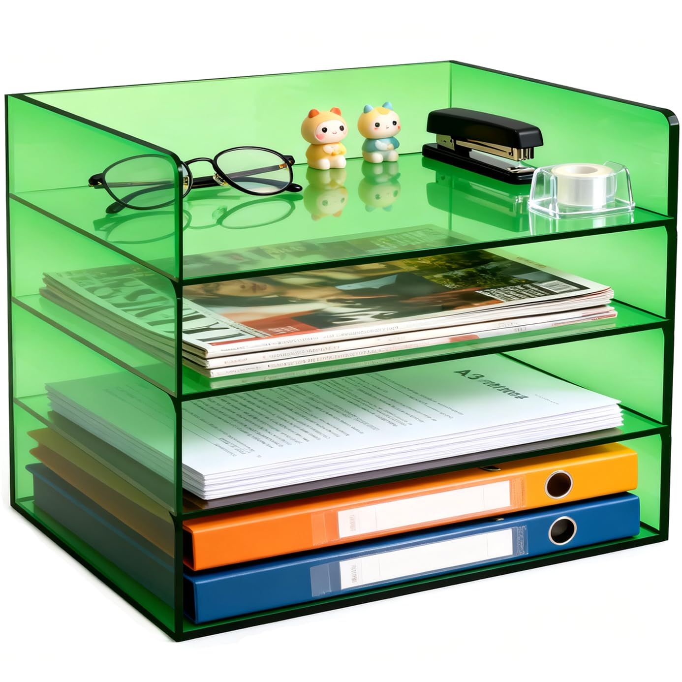 Acrylic File Organizer for Desk 4 Tiered Stackable Letter Tray Office Paper Storage Desktop Document Sorter, Emerald Green