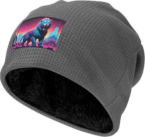 Synthwave Sabertooth Patterned Black Fleece-Lined Warm Men's and Women's Hood, Winter Outdoor Sports Ski Cap