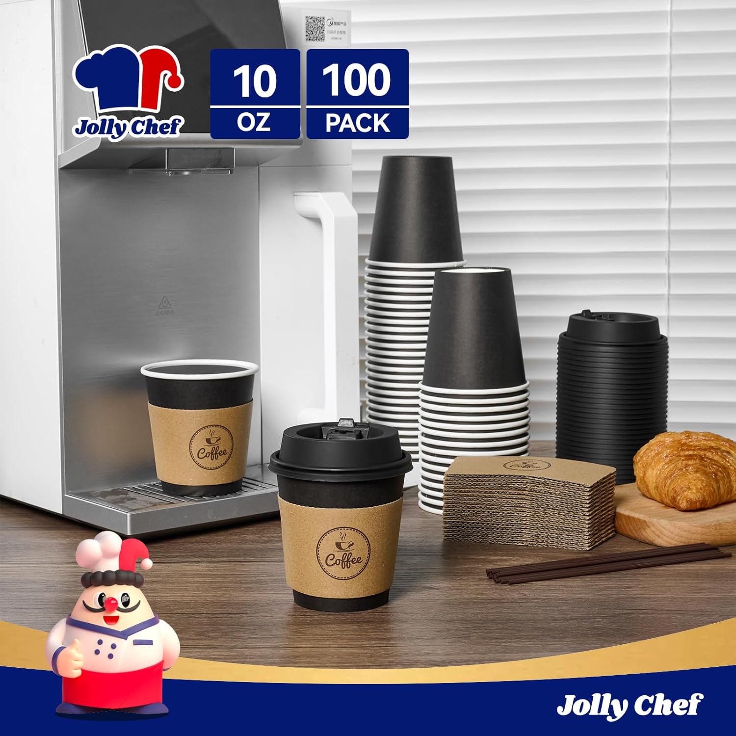 JOLLY CHEF 100 Count 10 oz Coffee Cups with Lids, Sleeves and Stirrers for Home, Office, Kitchen, Cafes, Disposable Hot Paper Cups for all Kinds of Beverages - Image 4