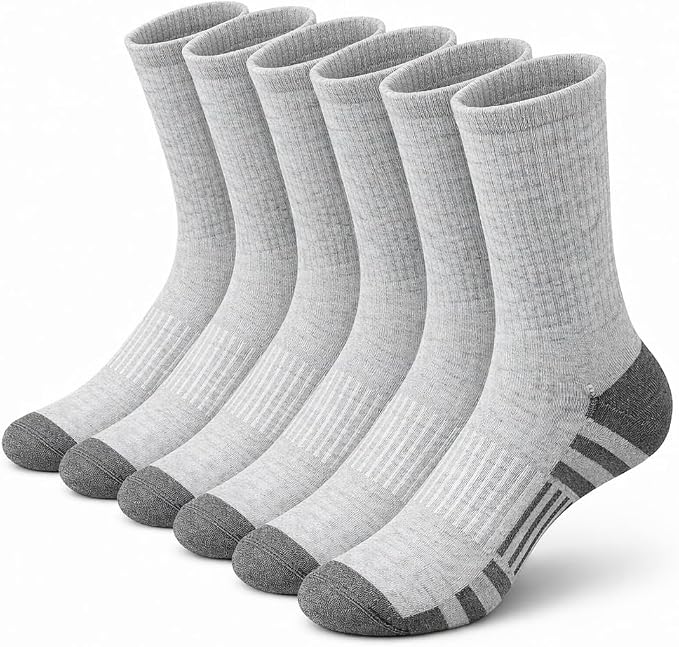 6-Pack Gray Crew Socks, Wicking & Breathable Athletic Design, Seamless Toe with Arch Support for Running, Workout, Hiking, and Daily Comfort