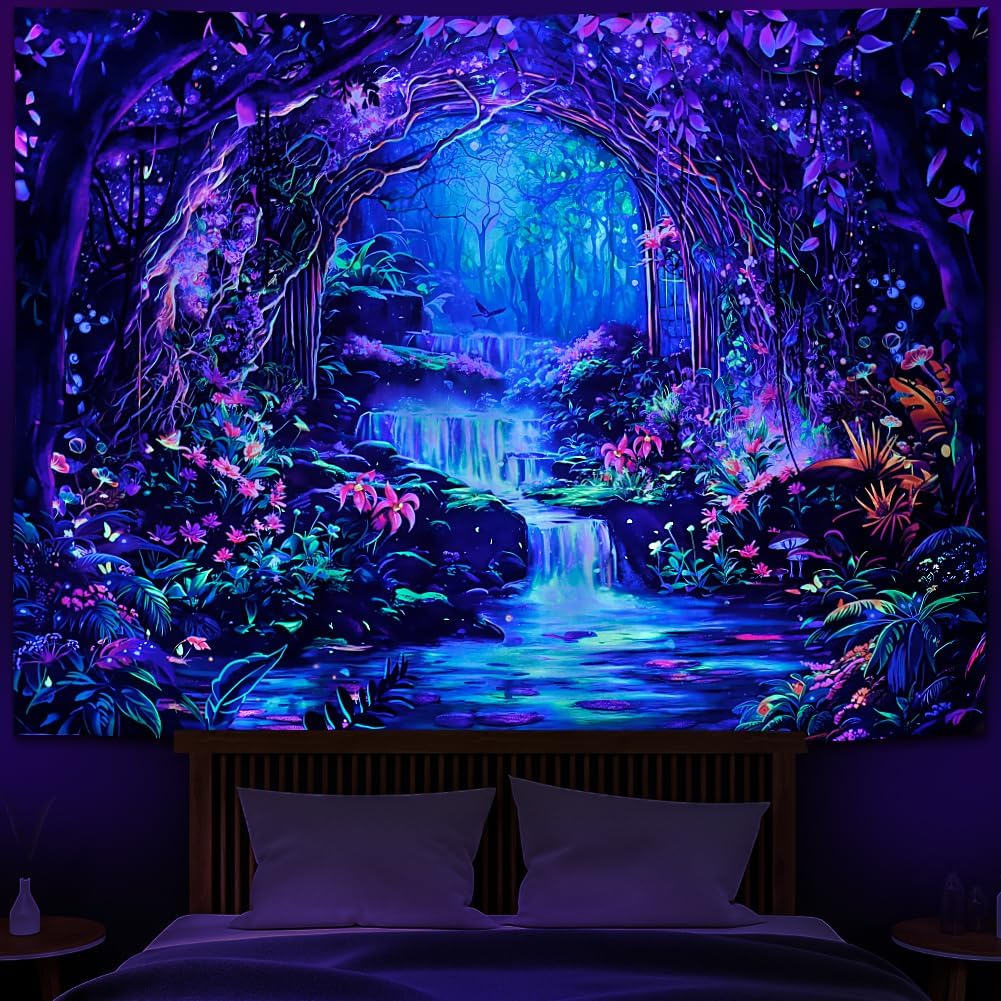 Heopapin Blacklight Magical Forest Tapestry UV Reactive Waterfall Plants Flower Tapestries Glow in Blacklight Fantasy Landscape Wall Hanging Decor for Home 92.5L x 70.8W
