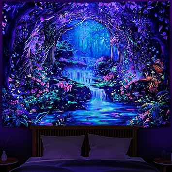 Heopapin Blacklight Magical Forest Tapestry UV Reactive Waterfall Plants Flower Tapestries Glow in Blacklight Fantasy Landscape Wall Hanging Decor for Home 78.7L x 59.1W