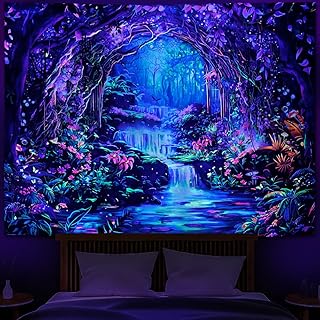 Heopapin Blacklight Magical Forest Tapestry UV Reactive Waterfall Plants Flower Tapestries Glow in Blacklight Fantasy Landscape Wall Hanging Decor for Home 59.1L x 51.2W