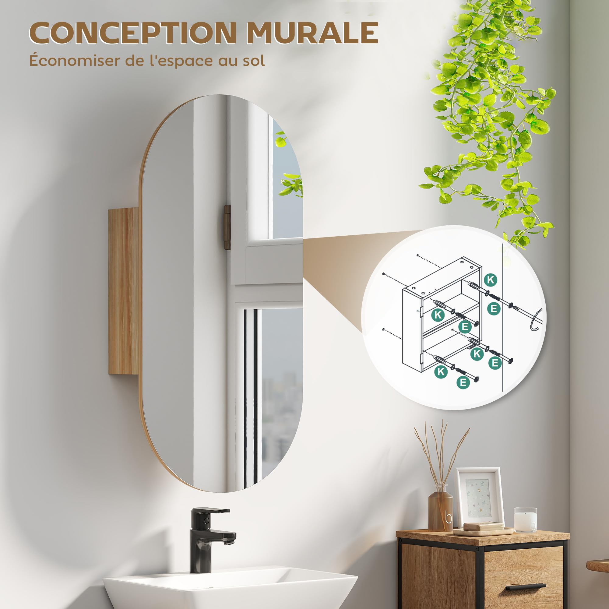 HOMCOM Mueble de baño con Espejo Ovalado, 45 x 90 cm, Muebles de baño Modernos, diseño sin Marco, Espejo con almacenaje, Madera Natural