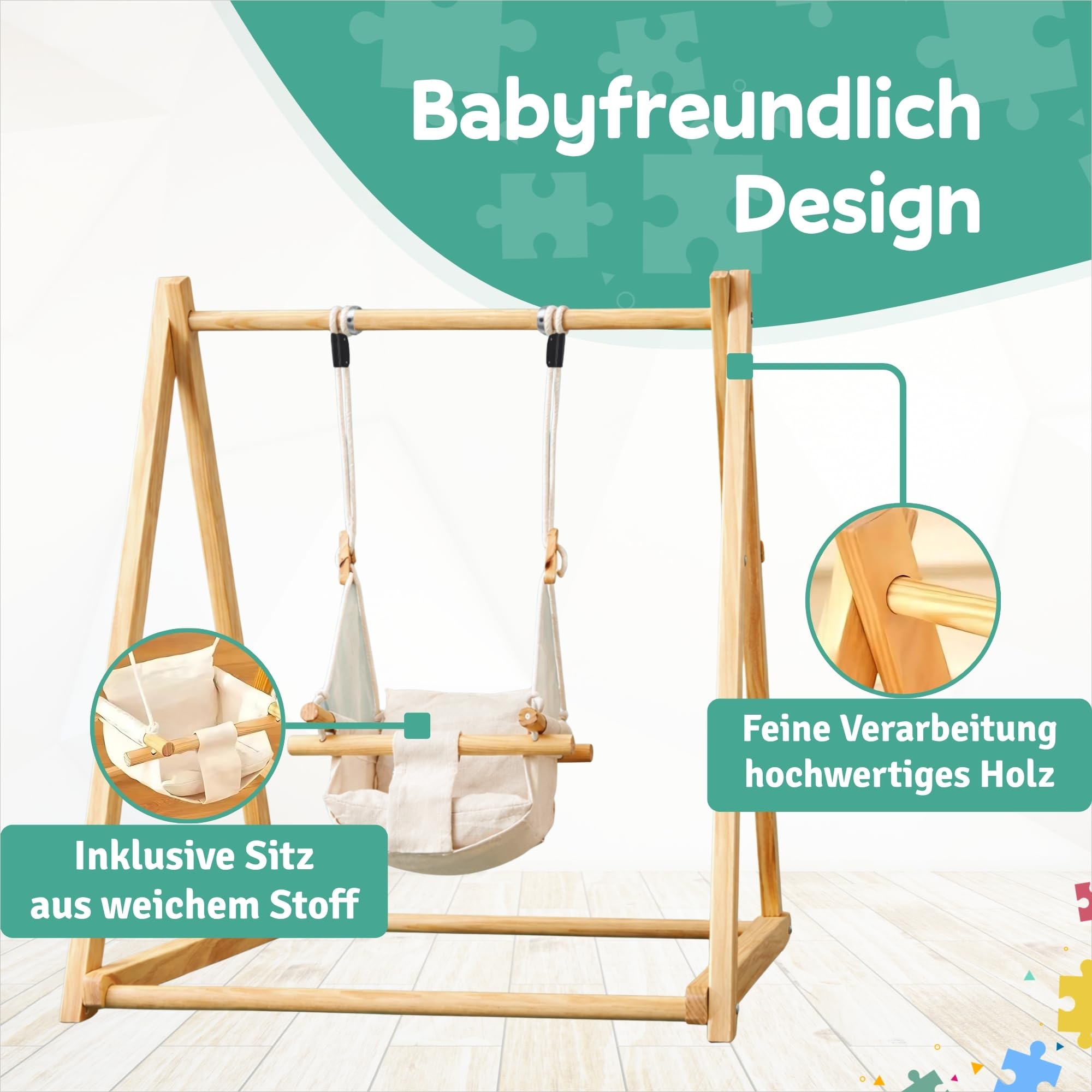 Holz Babyschaukel mit klappbarem Schaukelsitz, Babyschaukelstuhl & Baby Swing aus Kiefernholz, Holzspielzeug für Babys, Indoor & Outdoor Kinderschaukel für drinnen und draußen, sicherer Babysitz