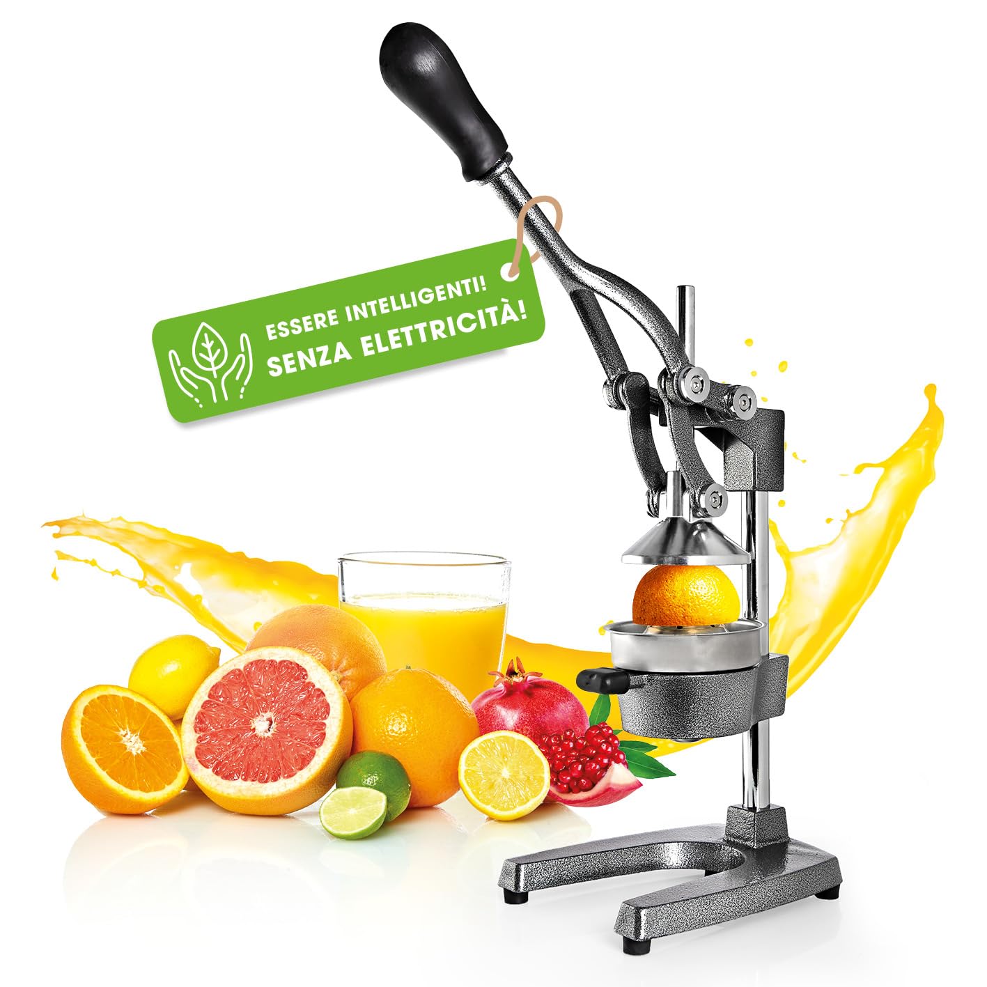 Lumaland Spremiagrumi in Acciaio Inox, di Alta qualità, Molto Silenzioso, Utilizzabile manualmente, Elegante spremiagrumi, esente da Manutenzione e Potente per Molto più succhi di Frutta, Basta