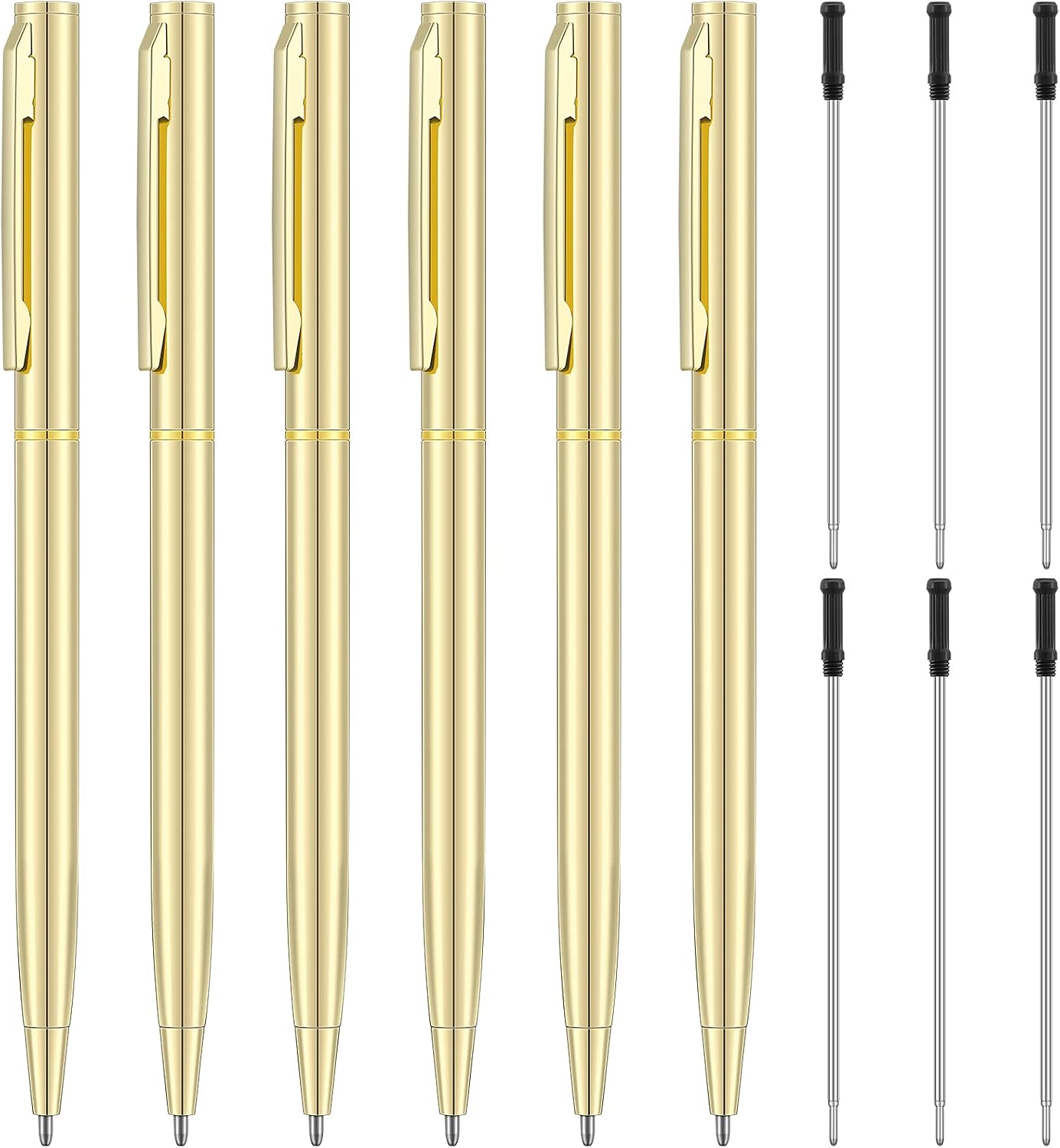 6 Pieces Metallic Ballpoint Pen Slim Retractable Ballpoint Pen Black Ink Metal Pen Mini Conical Ballpoint Pen and 6 Refills for Wedding Business Office Student Teacher, 1.0mm Medium Point (Gold)