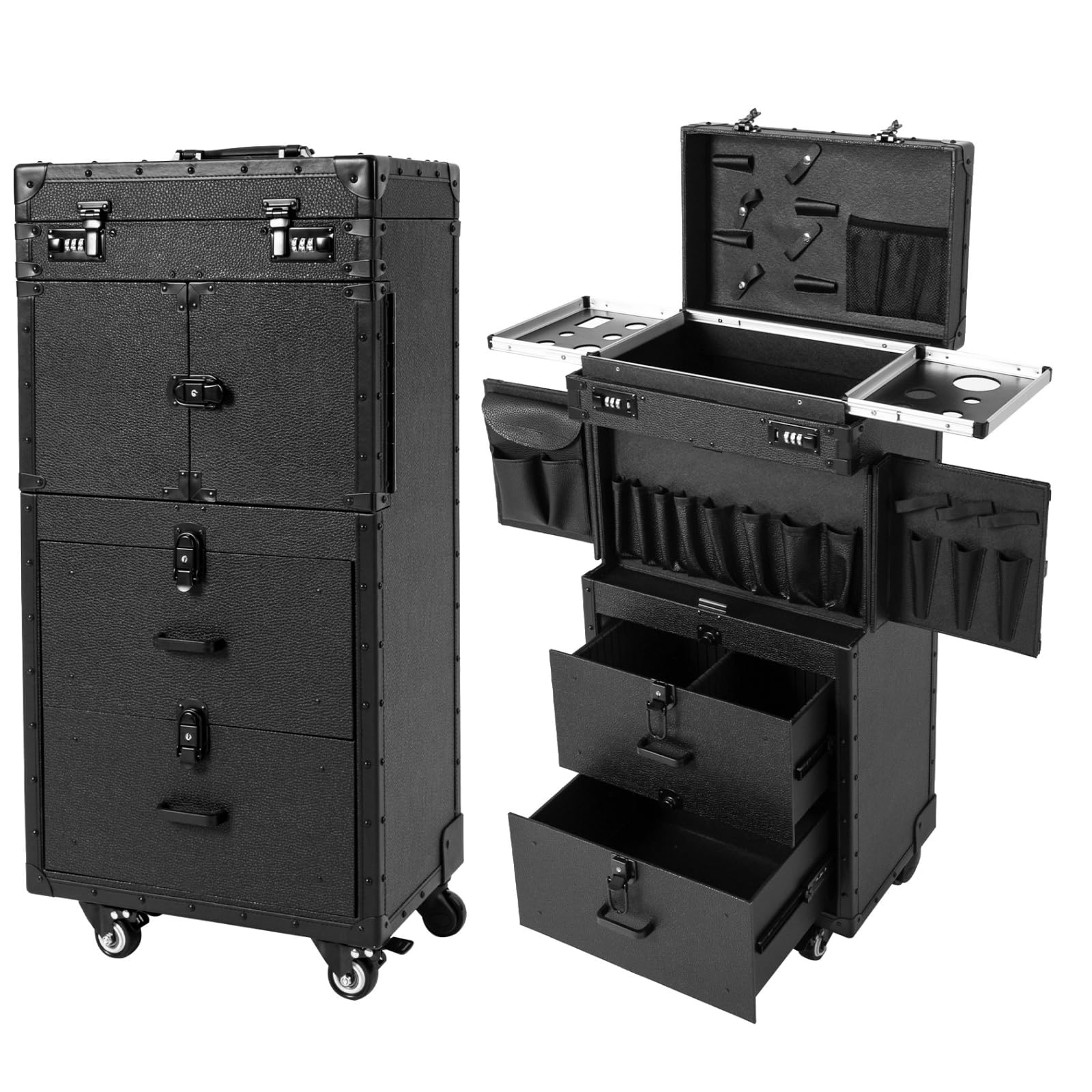 Large Storage Cosmetic Trolley Rolling Makeup Case Vintage Style with Locks and Metal Wheels Mobile Beauty Tool Box for Professional Hairstylist Makeup Artist Salon Black