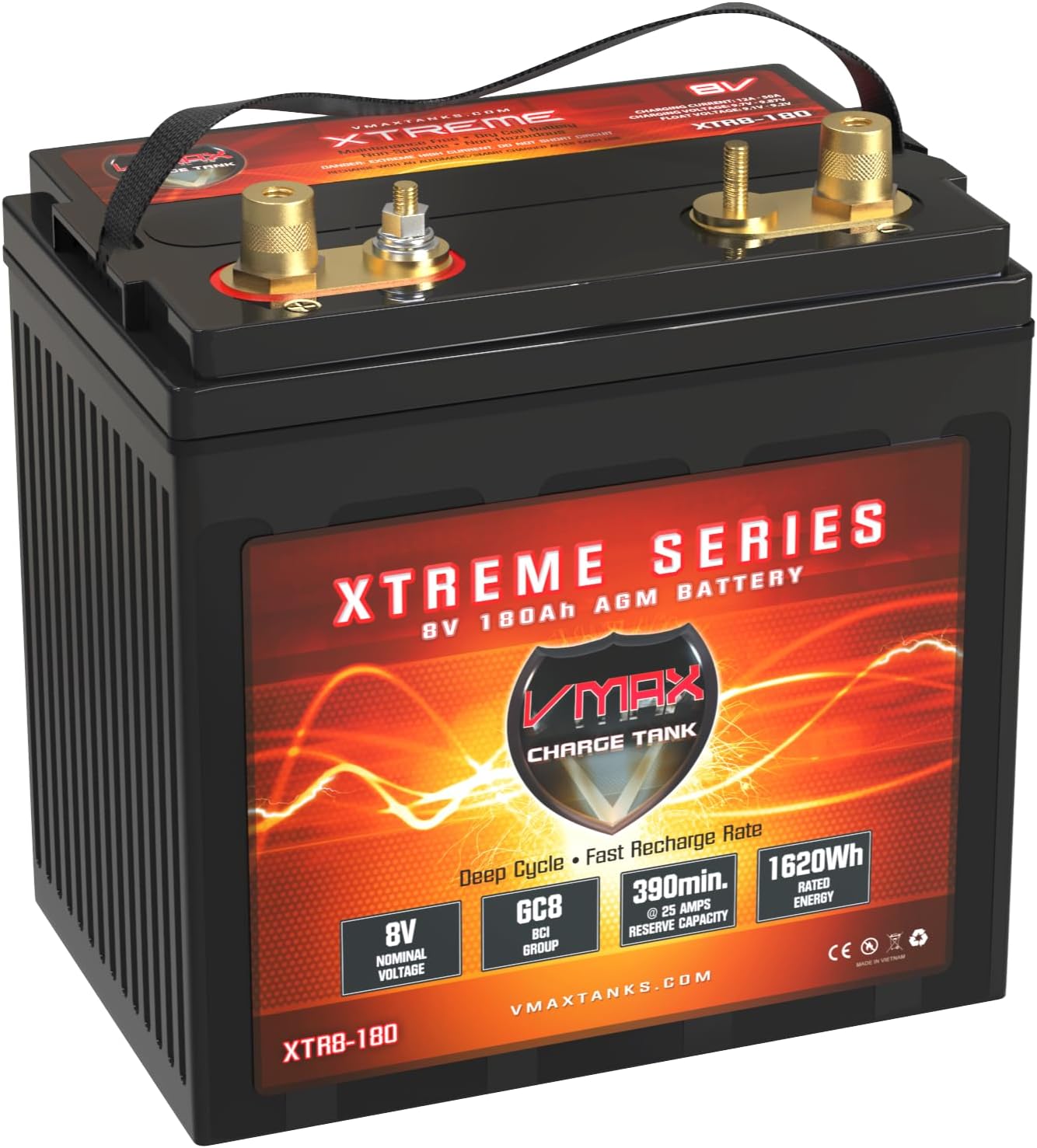 VMAX XTR8-180 8V 180Ah AGM Deep Cycle Sealed Battery Replaces T875, T890, US8VGC GC8 Golf Cart 8 Volt Battery (1)