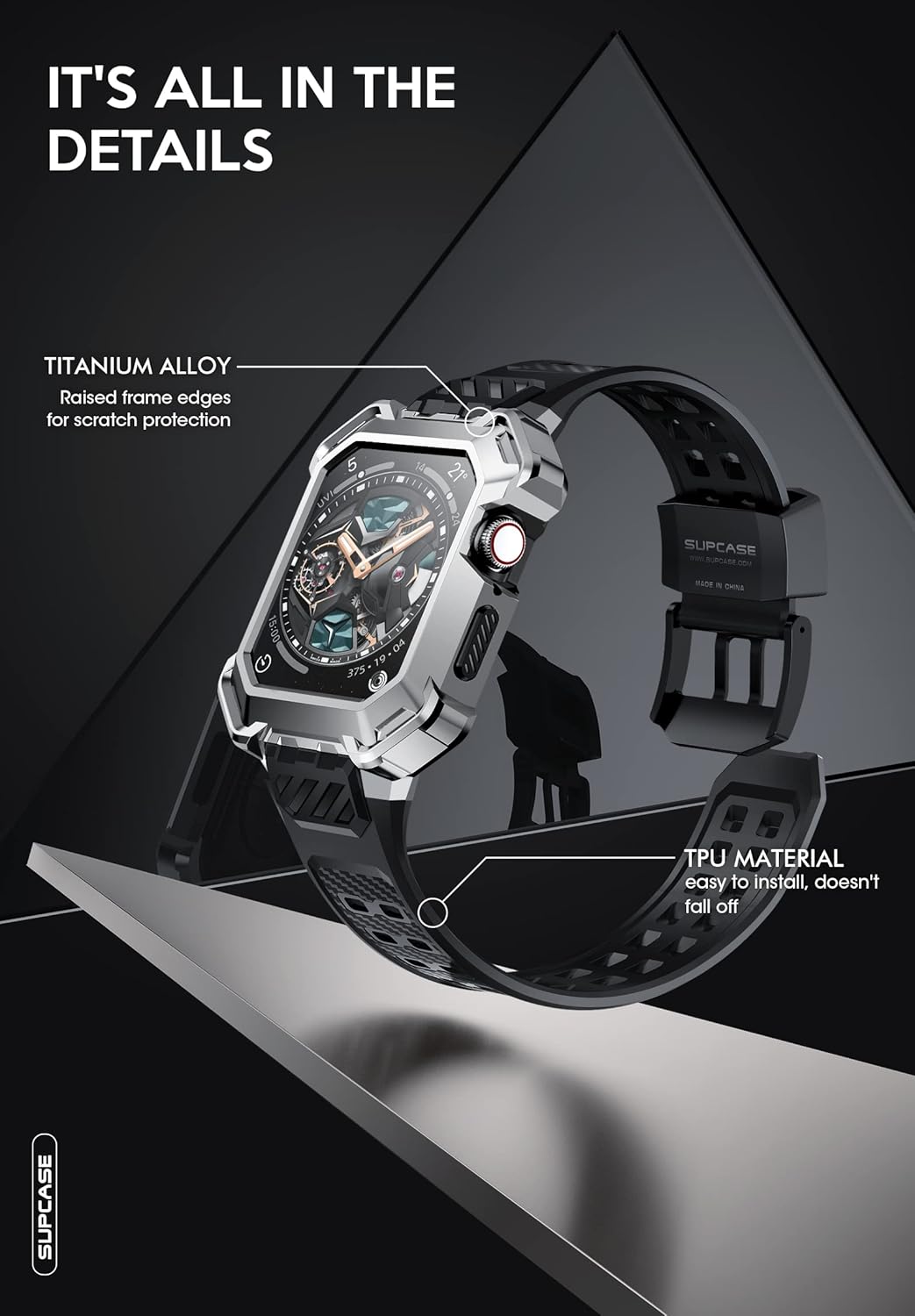 SUPCASE Unicorn Beetle Pro/Unicorn Beetle Pro XT Band for Apple Watch Series 8/7/6/SE/5/4 [45/44mm], Rugged Protective Case with Strap Bands (Black&Silver)