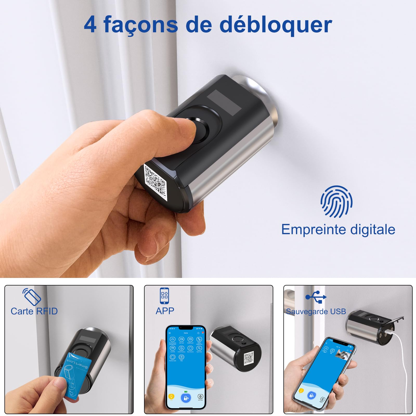 RUILON Touch63 Serrure connectée à empreinte digitale, cylindre biometrique | 40x30 Serrure biometrique porte d'entree avec 3 Cartes RFID, IP65, Intelligente, Portes 30-70 mm, Poignée avant amovible