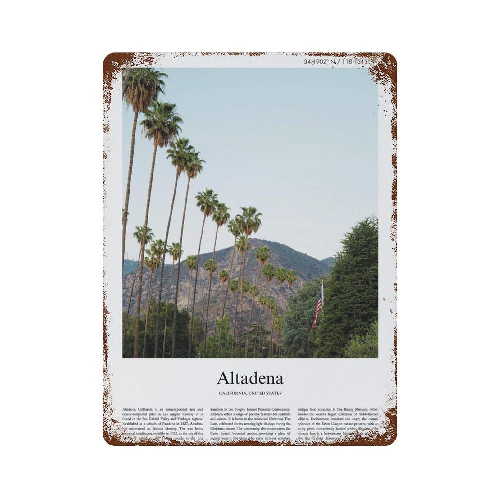 xiaoxiaoshen Altadena California, United States, USA City Scenery Wall Decor Art Metal Tin Poster Modern Home Decor Art Home Bar Shop Decorations Vintage Sign 40x30cm