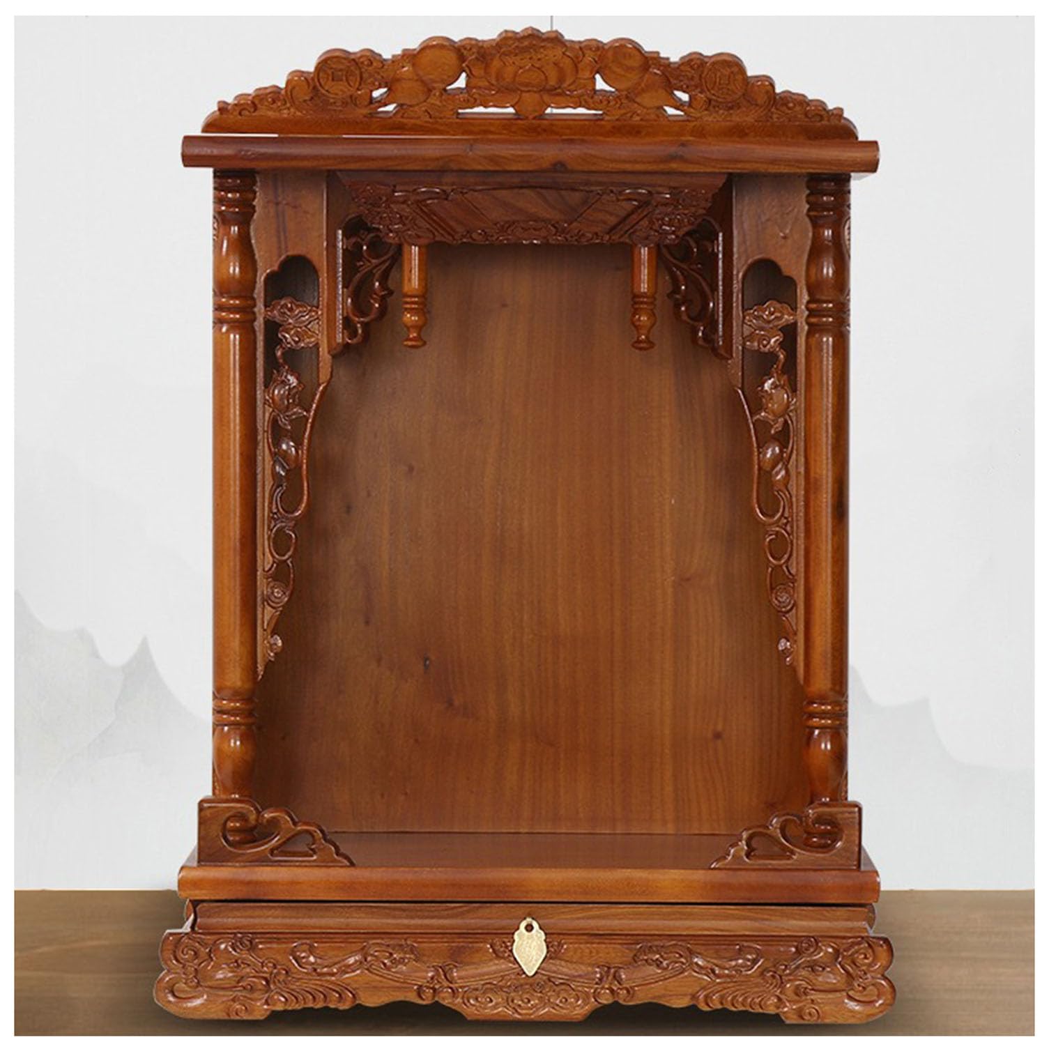 Altar budista para colgar en la pared, estante de madera Pooja Mandir para el hogar, mesa de meditación de oración sintoísta, altar ancestral para exhibición de estatuas de Buda