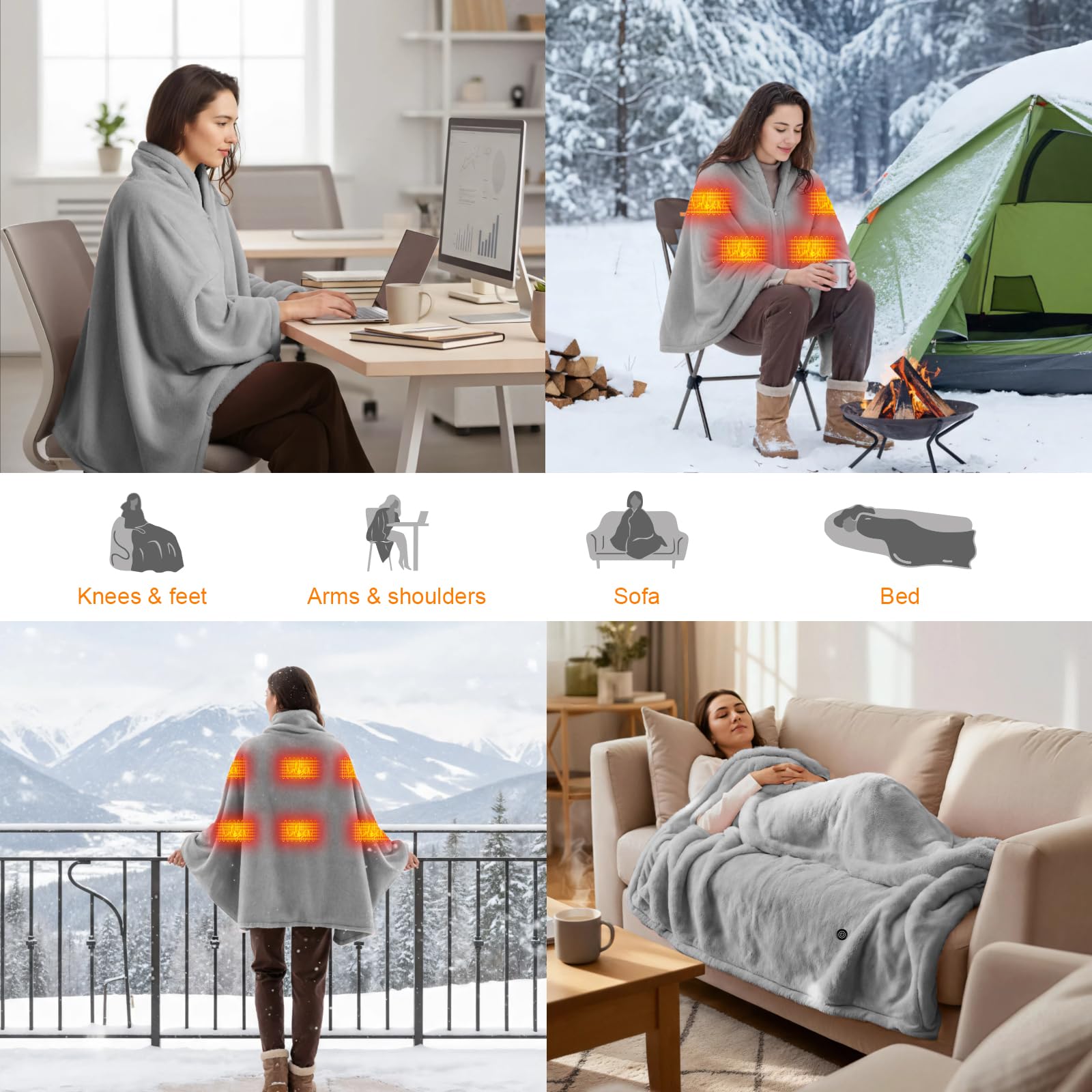 Heizdecke Kabellos 160x90cm mit Akku, Waschbar Flanell Heizdecke, USB Elektrische Wärmedecke für Sofa, Büro, Reisen, Camping (Grau)