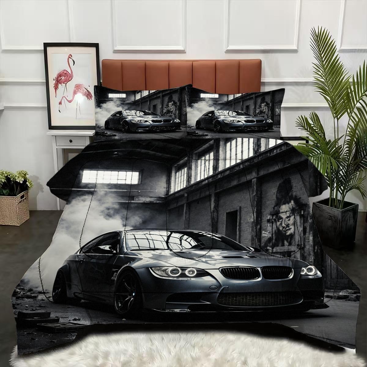 Couette 200x200 cm voiture de sport 3D parure de lit 2 personnes microfibe douce