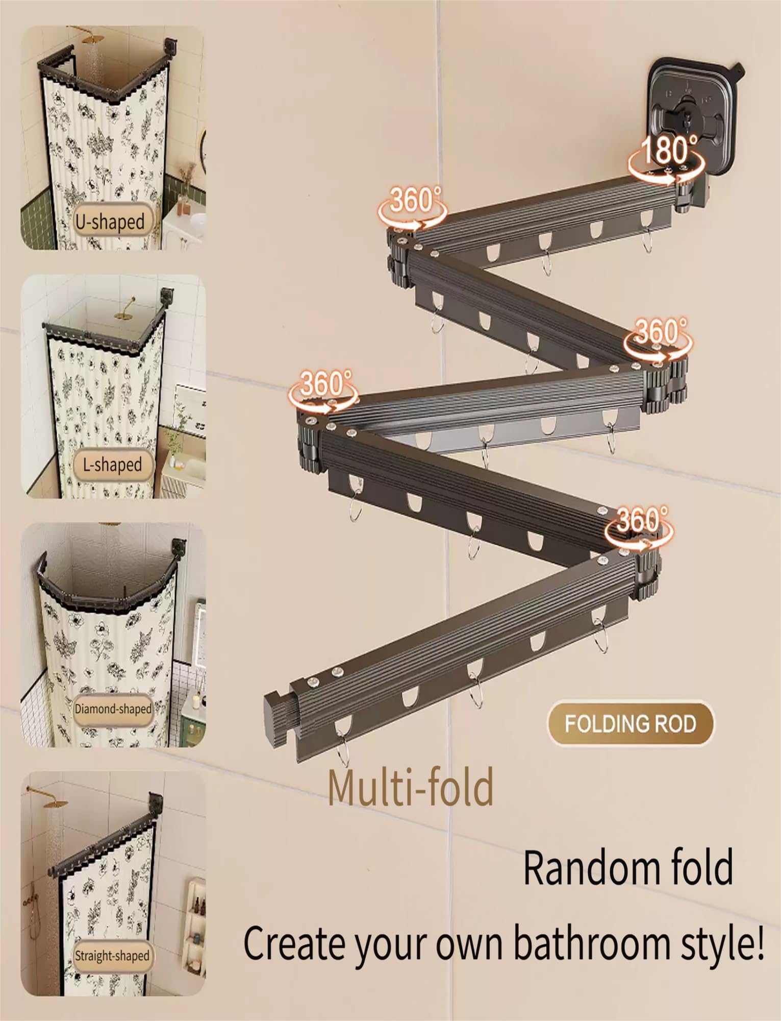 Ensemble Rideau de Douche Mural Pliable, Rideau en Lin Ajustable avec Ventouse pour Salle de Bain, Baignoire, Cuisine, Magasin de vêtements