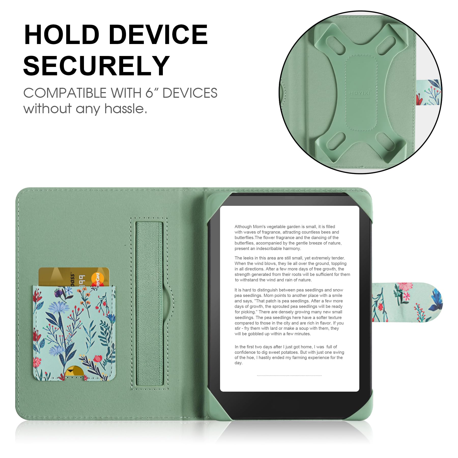 HoYiXi Universel Étui pour 6" Paperwhite /6" Kindle 2025 & 2019 Compatibilité Kobo/Voyaga/Pocketbook/Tolino eReader,Étui de Protection pour eReader 6 Pouce avec Porte-Cartes Intégré,Fleur 1