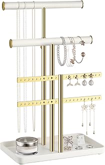 pickpiff Jewelry Holder Organizer with Velvet, Adjustable 10"-17" Tall, Metal Stand for Display Bracelet, Necklace, Earrings, Rings, White and Gold