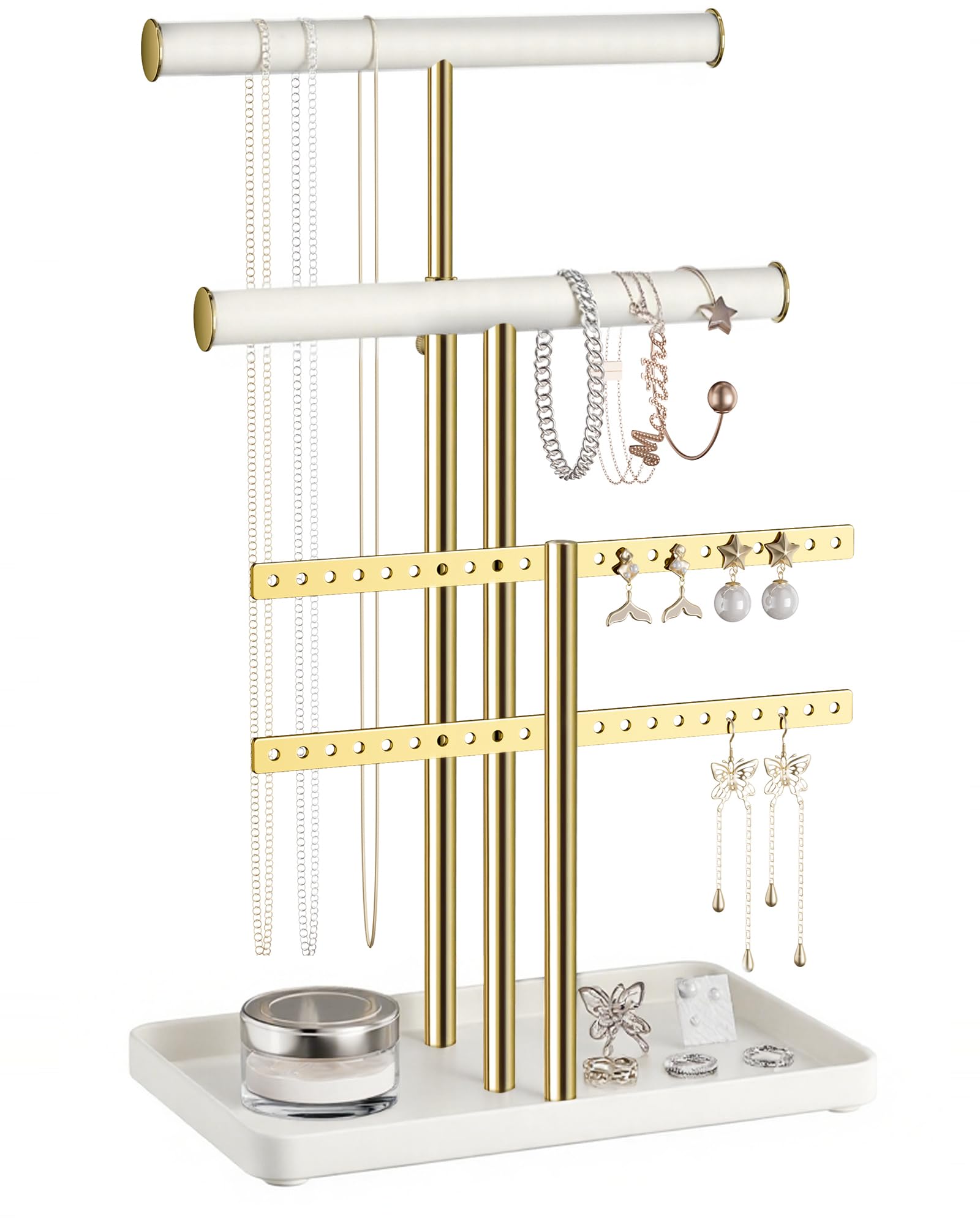 pickpiff Jewelry Holder Organizer with Velvet, Adjustable 10"-17" Tall, Metal Stand for Display Bracelet, Necklace, Earrings, Rings, White and Gold