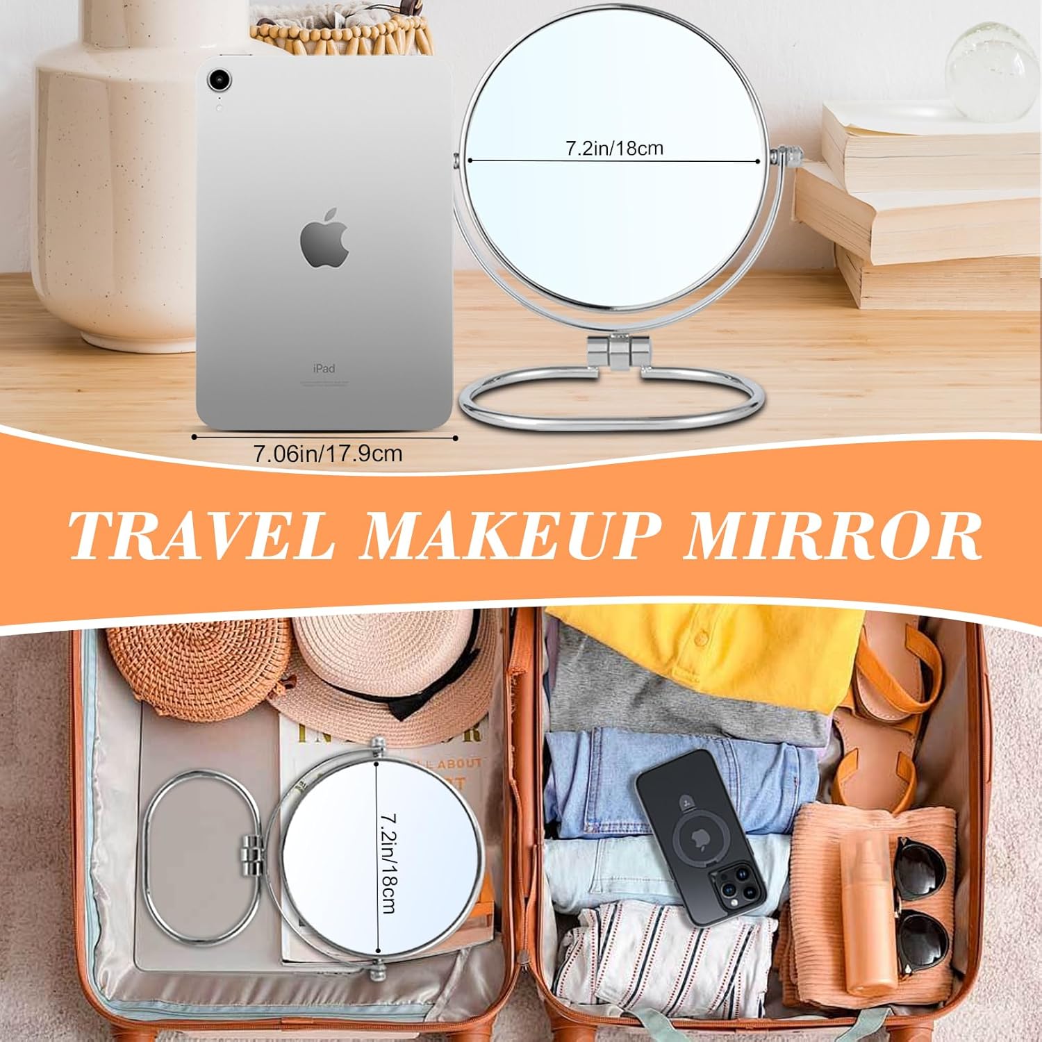 Travel Makeup Mirror, 6" Portable Folding Double-Sided Vanity Mirror, 10X Magnification, Handheld & Wall Hanging, Magnifying Shaving Mirror for Bathroom and Desktop Use, No Light - Image 5