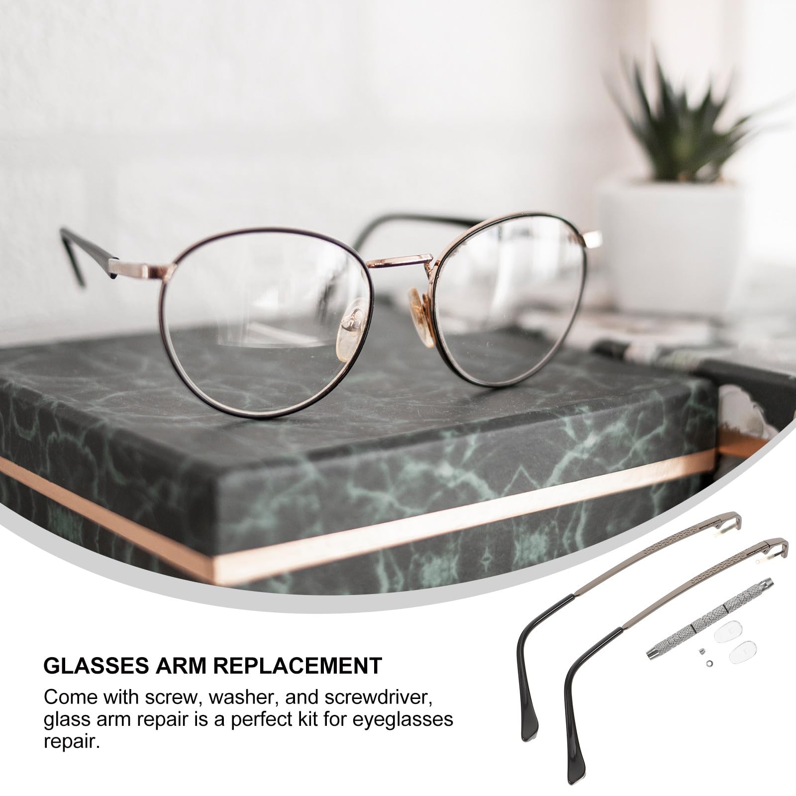 Kit de Reparación de Gafas 1 Par de Patillas Metálicas Color Pistola Destornillador Incluido Piezas de Repuesto para Gafas sin Montura Almohadillas Nasales Antideslizantes