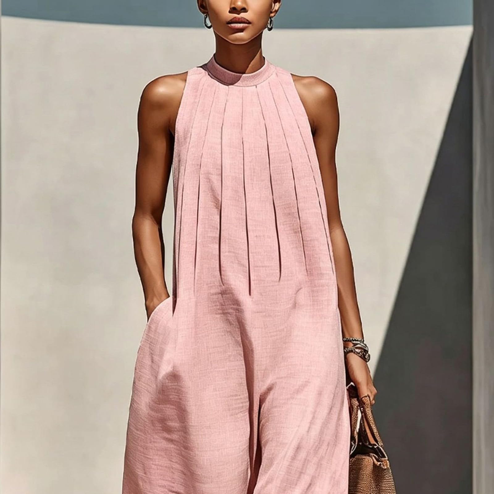 Generisch Tuta estiva da donna, lunga, a gamba larga, elegante | Tuta con pantaloni, senza maniche, spalle scoperte, oversize, con tasche, pagliaccetto alla moda per matrimoni e feste