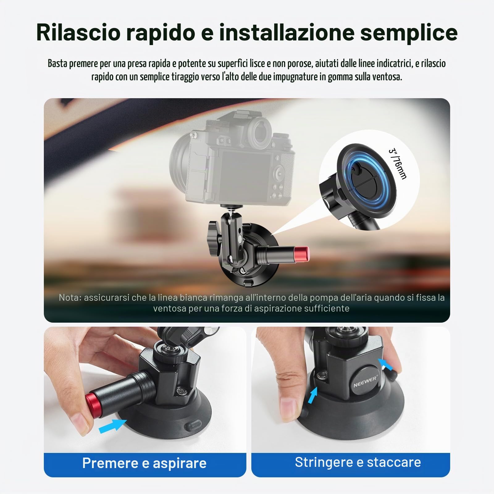 NEEWER Supporto Fotocamera a Ventosa da 3"+Magic Arm con Testa Sfera, Fori per ARRI 1/4", Supporto Auto con Porta Telefono e Adattatore Action Camera Compatibile con iPhone GoPro DJI Insta360, CA104