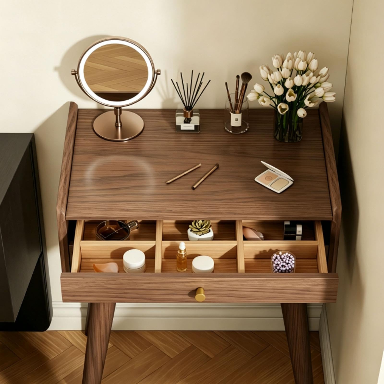 Massivholz Schminktisch 2-in-1 mit Hocker und Schubladen für Schlafzimmer