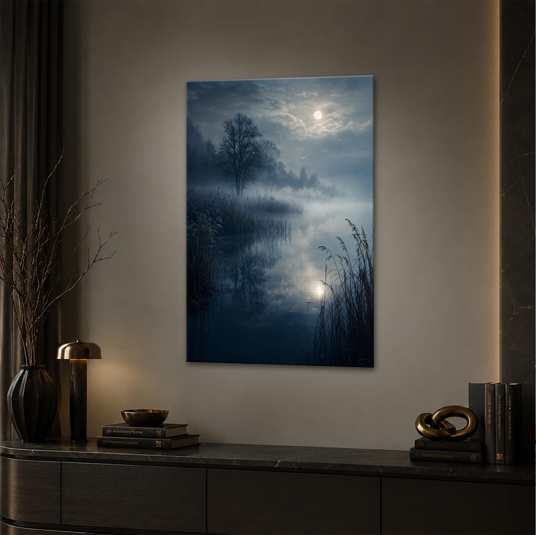 deyoli Obraz na płótnie poranna mgiełka nad spokojnym jeziorem i drzewami 60 x 40 cm kolorowy