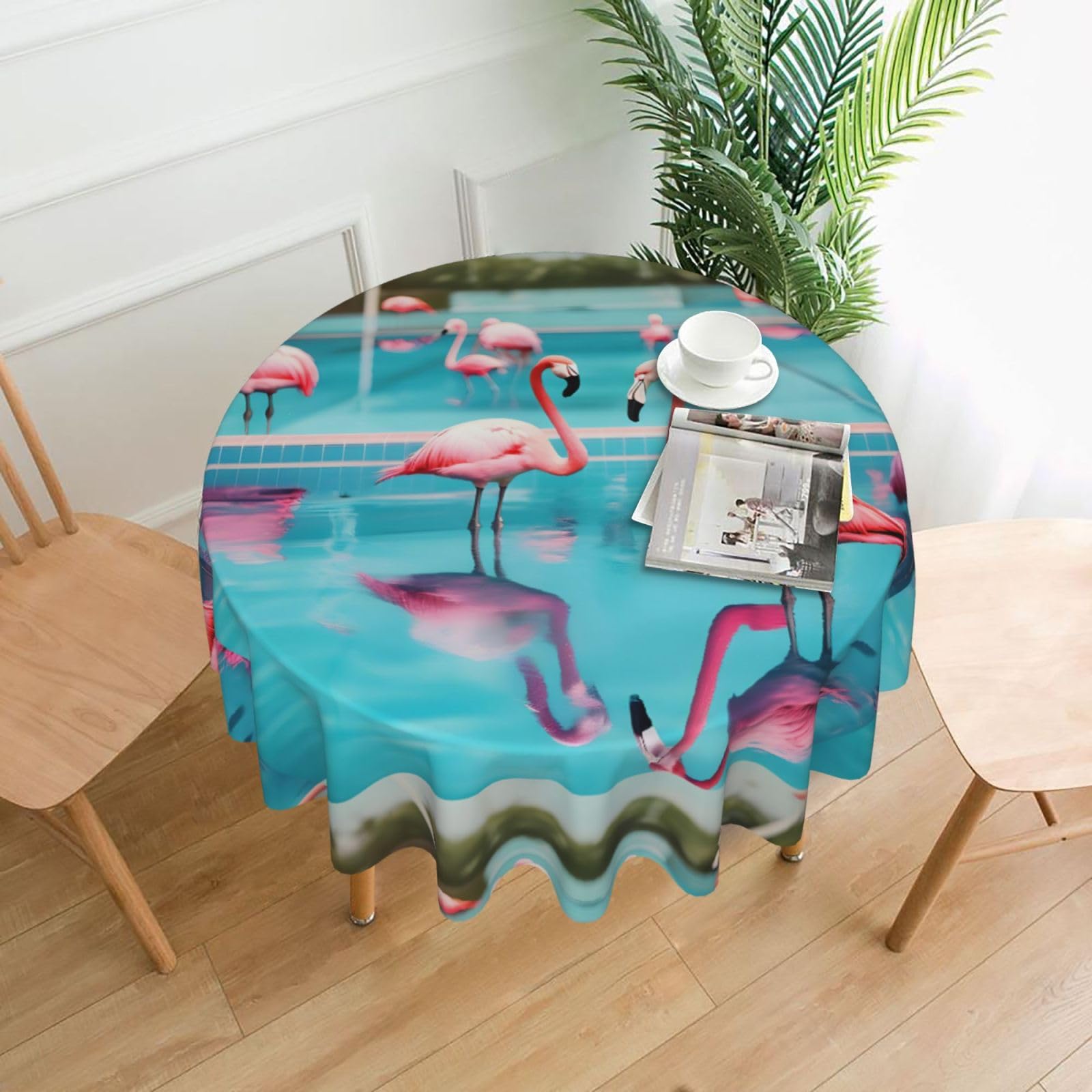 Nbtghga Flamingo And Swimming Pool Print Tablecloth Round Border Table Cloth Cover Decorative For Party Holiday Dinning Tabletop Home