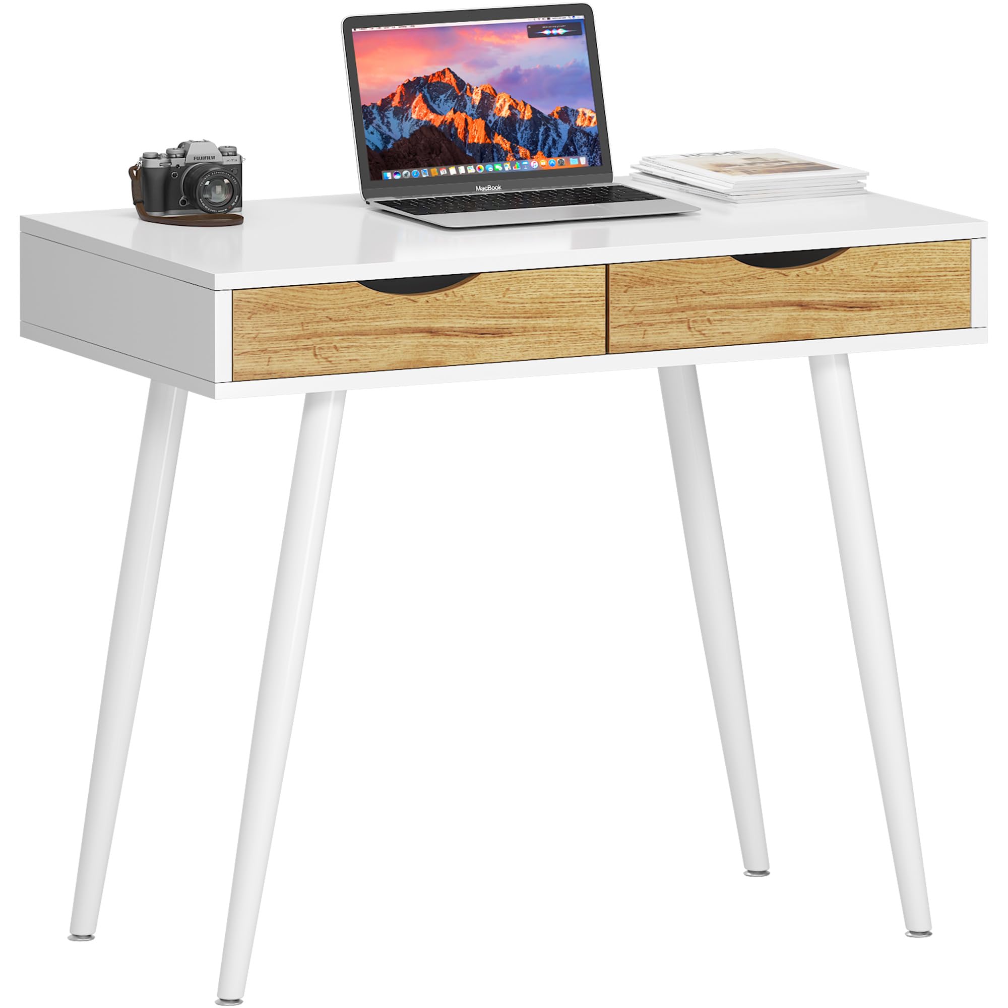 sogesMid Century Computer Desk with Drawers, 31.5 Inches Home Office Computer Desk for Small Space, 2-Drawer Multifunctional Study Writing Desk, White