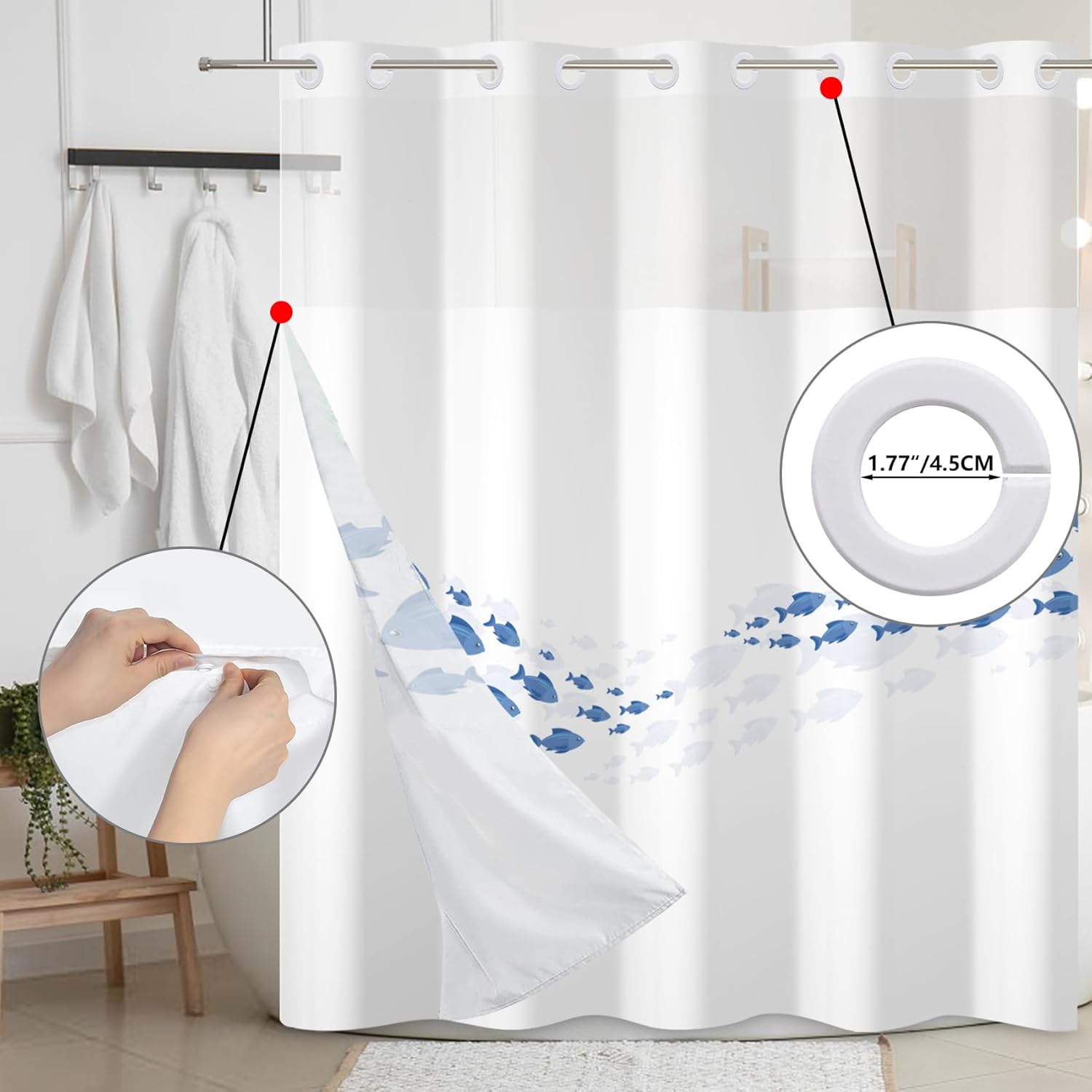 Baocicco No Hook Blue Fish Shower Curtain for Kids Cartoon Fish Double Layers Waterproof Fabric with See Through Top Window Swiming Fishes Double Layers & Machine Washable for Easy Clean 71x74 Inch