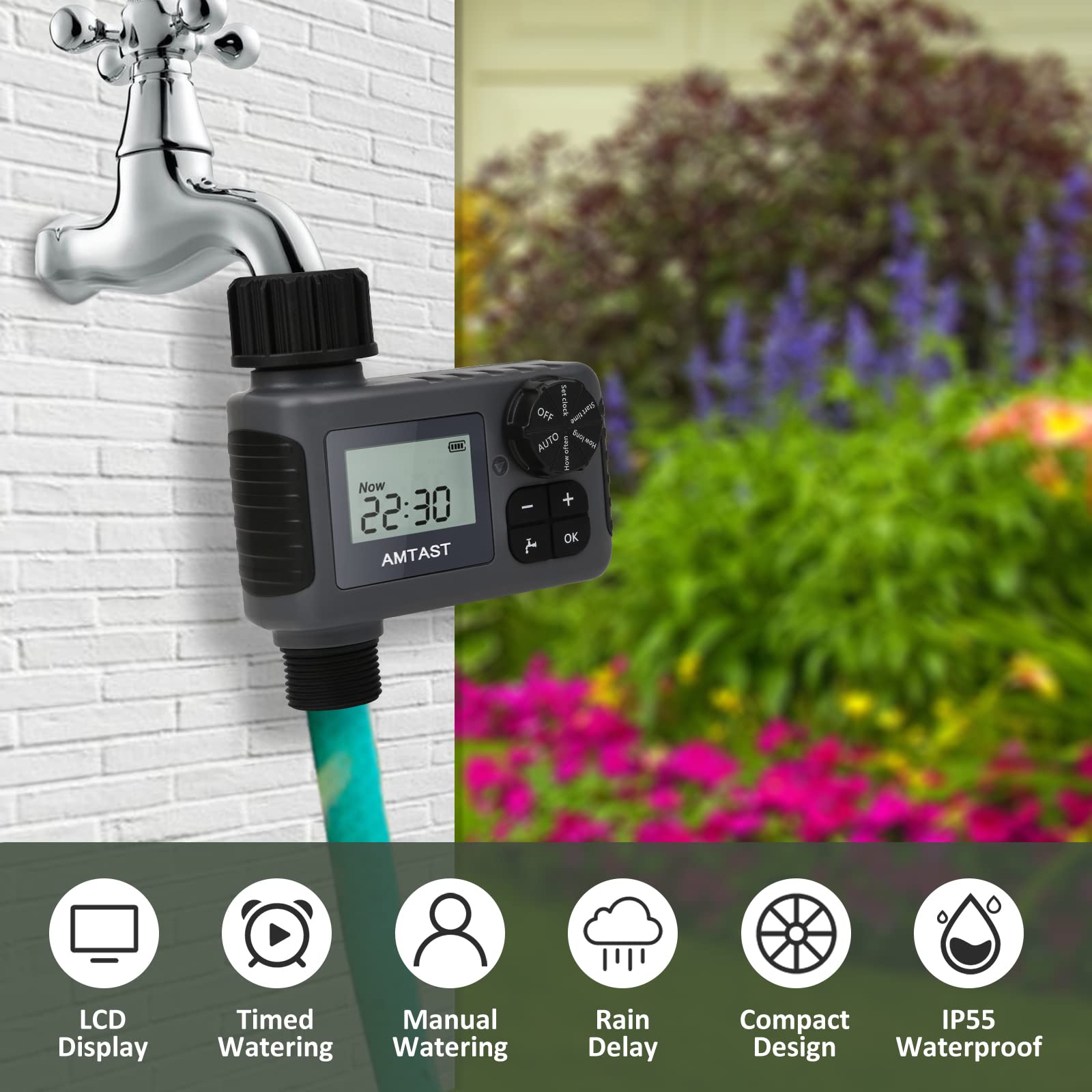 Bewässerungs-Timer Sprinkler-Timer mit Regen Verzögerung/LCD-Display / IP55 wasserdicht/Manuelle Bewässerung für Rasen Pool Füllung, Single-Outlet Schlauch programmierbare Bewässerung