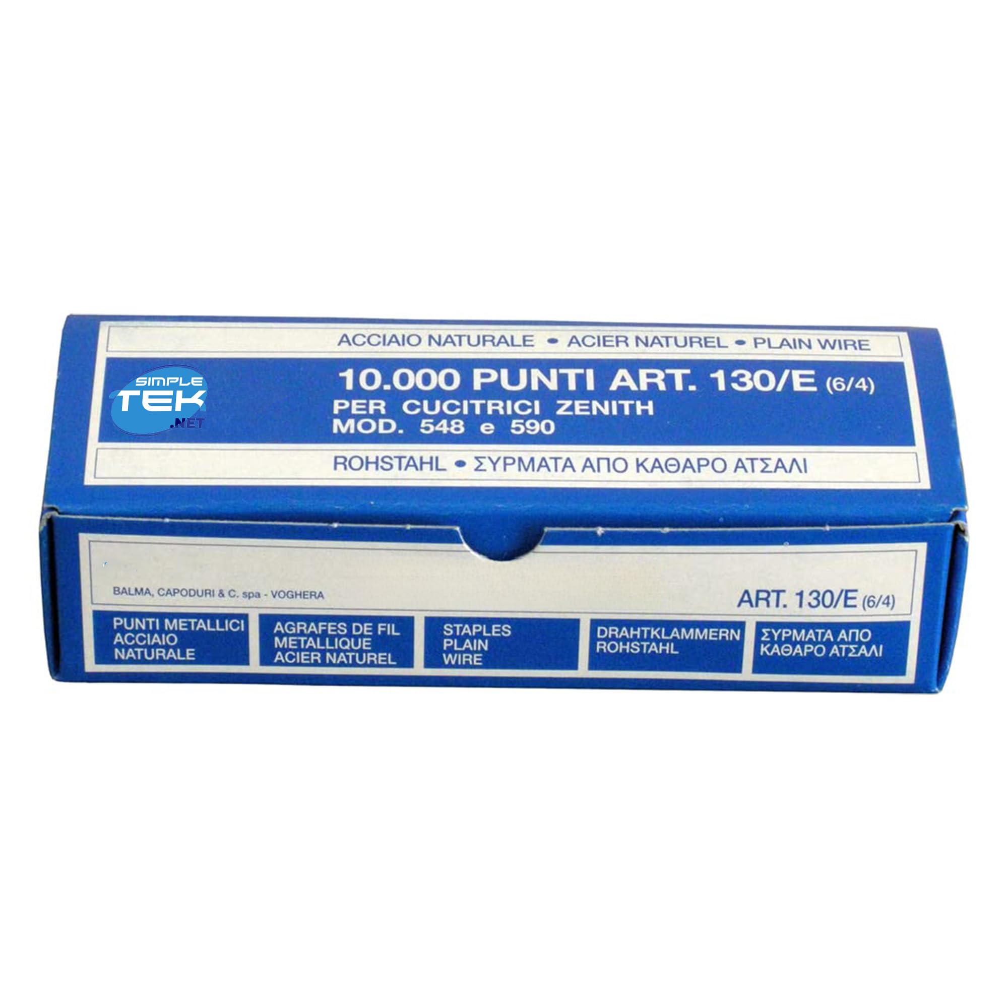 SIMPLETEK - 10000 punti metallici 130/E (6/4) — passo 6 mm, gamba 4 mm — confezione da 10.000 pezzi