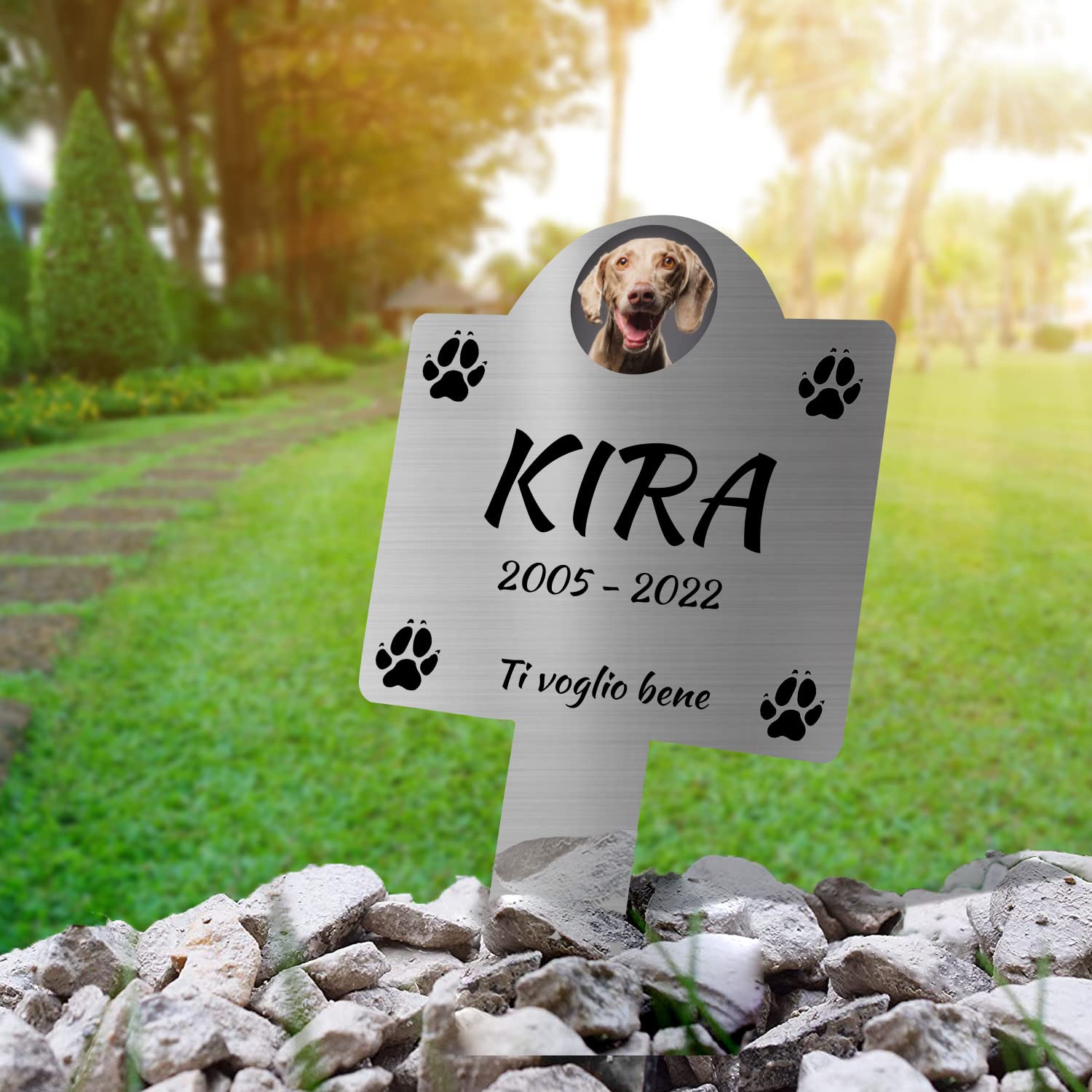 GFD Targhetta commemorativa da Giardino per Animali Domestici. Uso Esterno, Personalizzabile, Impermeabile. Mis 25x12 cm (Argento)