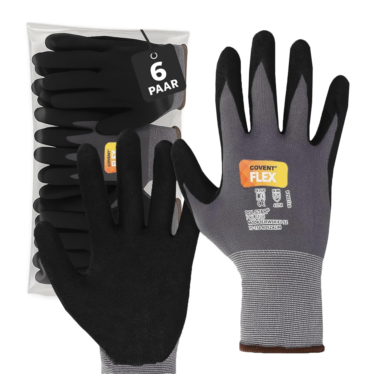 Covent Flex Arbeitshandschuhe Herren Gr 9 (6-er Set) - Montagehandschuhe Kategorie II - EN388 Bauhandschuhe für Bauherren, Mechaniker und Monteure