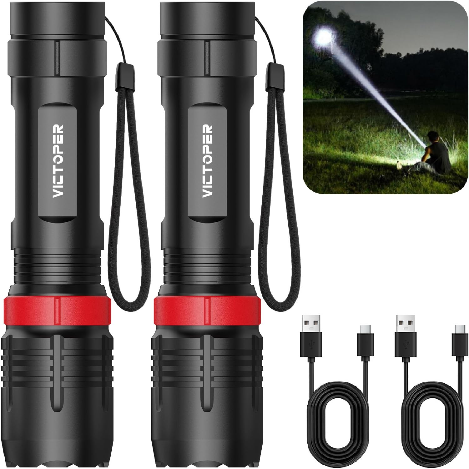Victoper Rechargeabe Flashlight 2 Pack, High Lumens 5 Modes LED Small Tactical Flashlights, Waterproof Zoomable Mini Flash Light for Outdoor, EDC Gifts for Father's Day