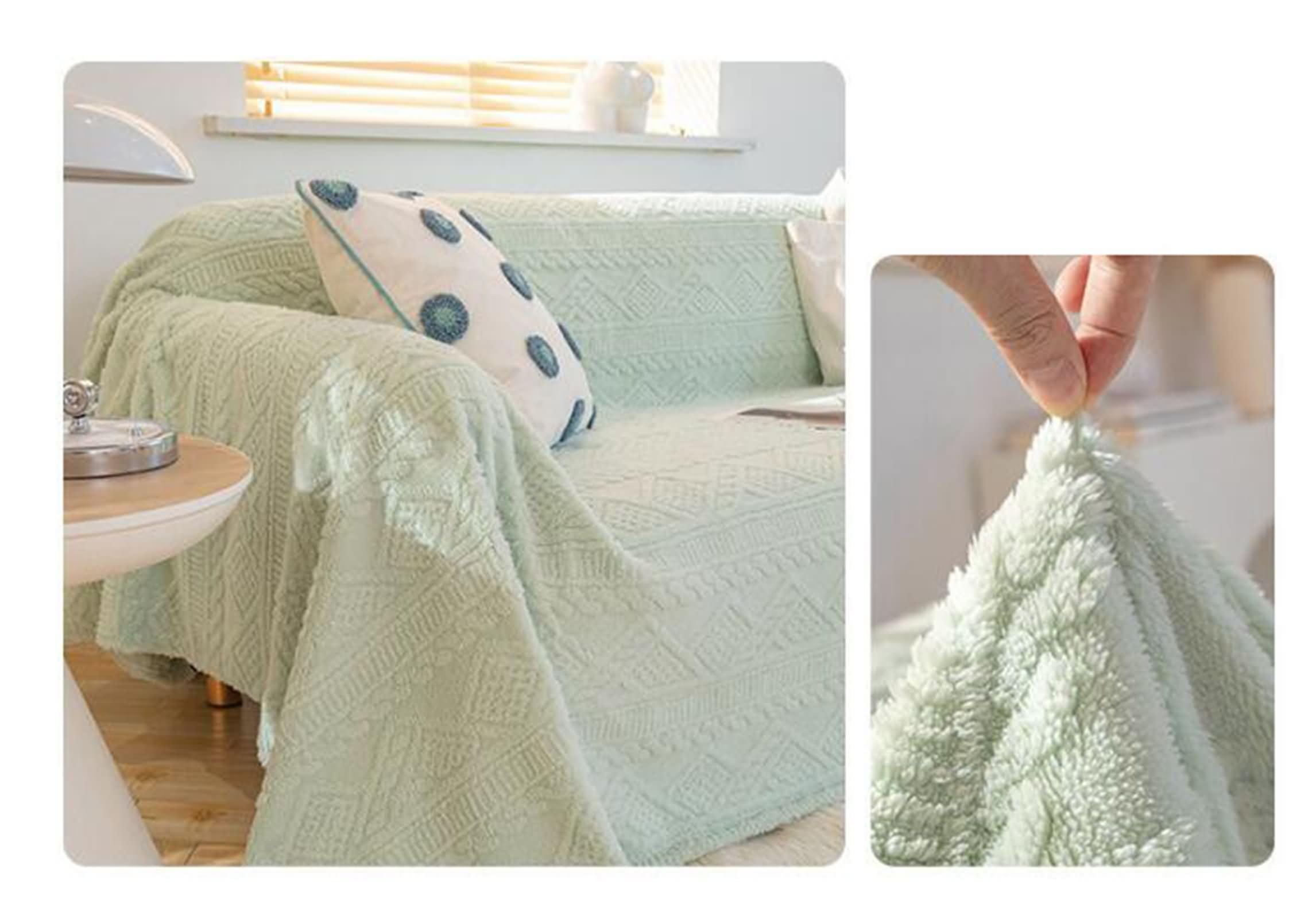 Canapé Protecteur Décorative, Multifonction Jeté de Canapé Couverture Couleur Unie avec Motif géométrique en Peluche réversible Vert Clair en Peluche, 180x320cm