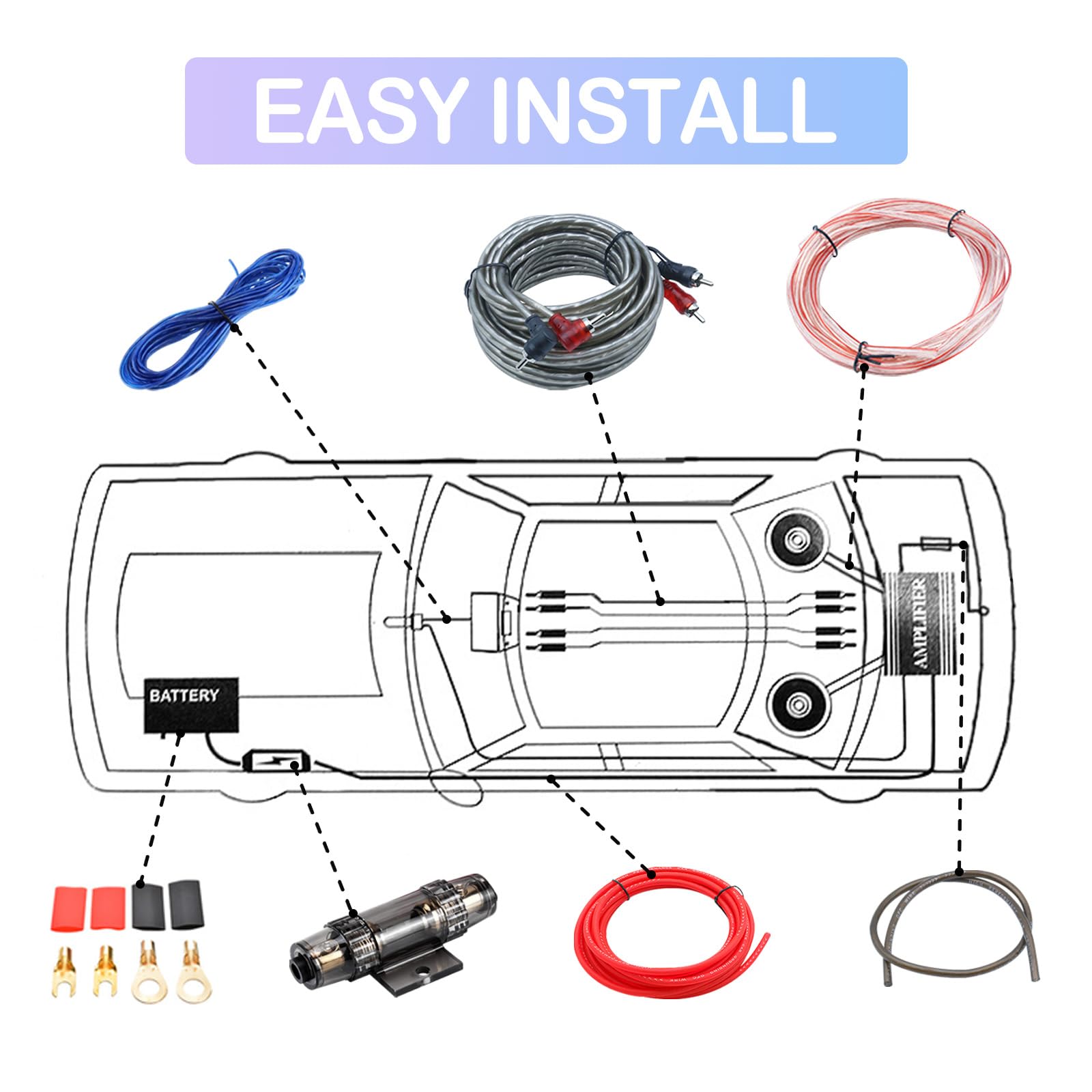 4 Gauge Verstärker Verkabelungsset, 2000W Komplettes All-in-One Auto Audio Amp Installationsset mit RCA & Sicherung, Schnellanschluss für Radio, Subwoofer & Lautsprecher