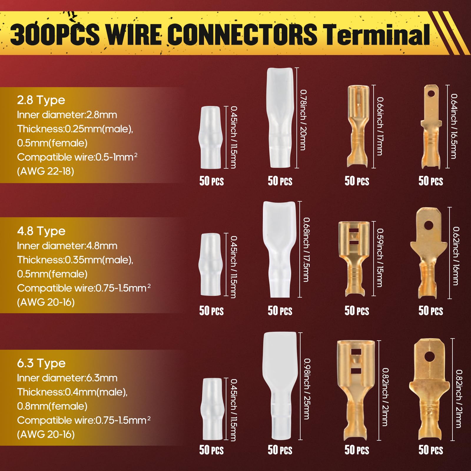 Kit de conector de herramienta de crimpado, herramienta de crimpado de alambre de trinquete para 300 piezas de conectores de terminal de pala macho hembra con funda aislante, herramienta de crimpado