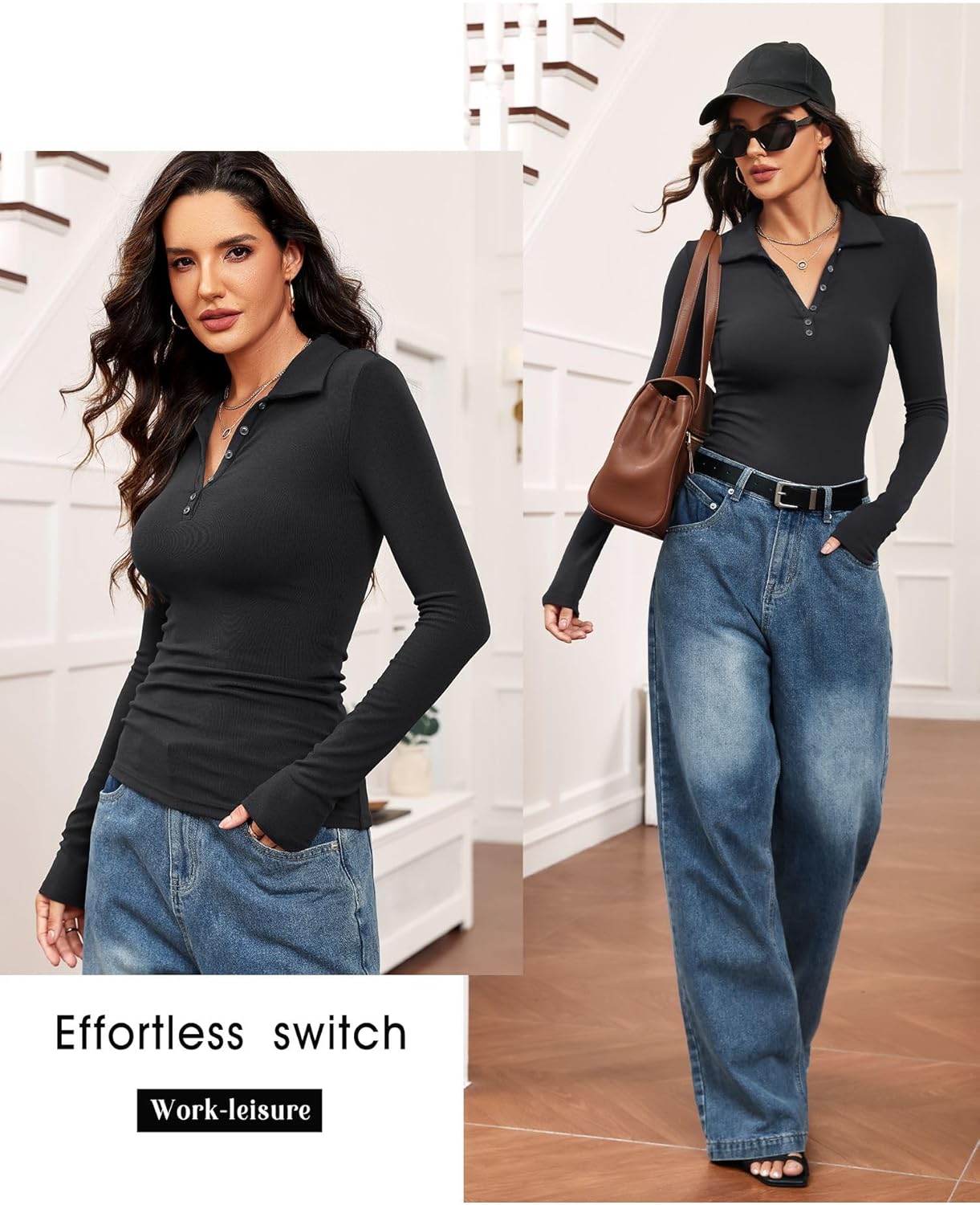 Prettywear V Neck Long Sleeve Shirts for Women Trendy Casual Fitted Collared Basic Cute Polo Tops Button T-Shirt 2025 Fall - Image 5