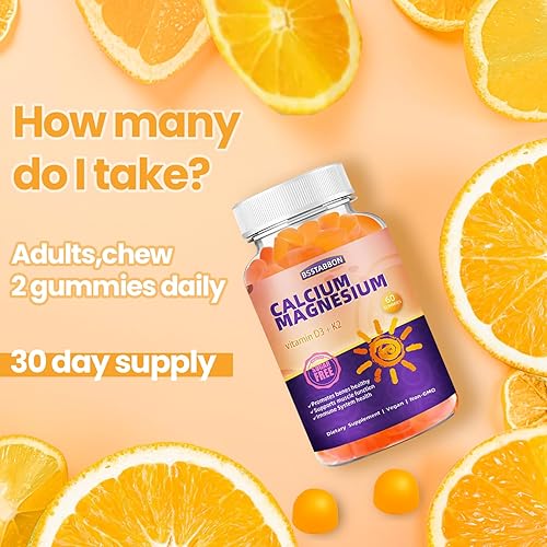 Miniatura 6 de BSSTABBON Gomitas de calcio y magnesio de 600 mg de calcio, 420 mg de complejo de magnesio, con vitamina D3+K2 certificado sin OMG, sin azúcar, 60