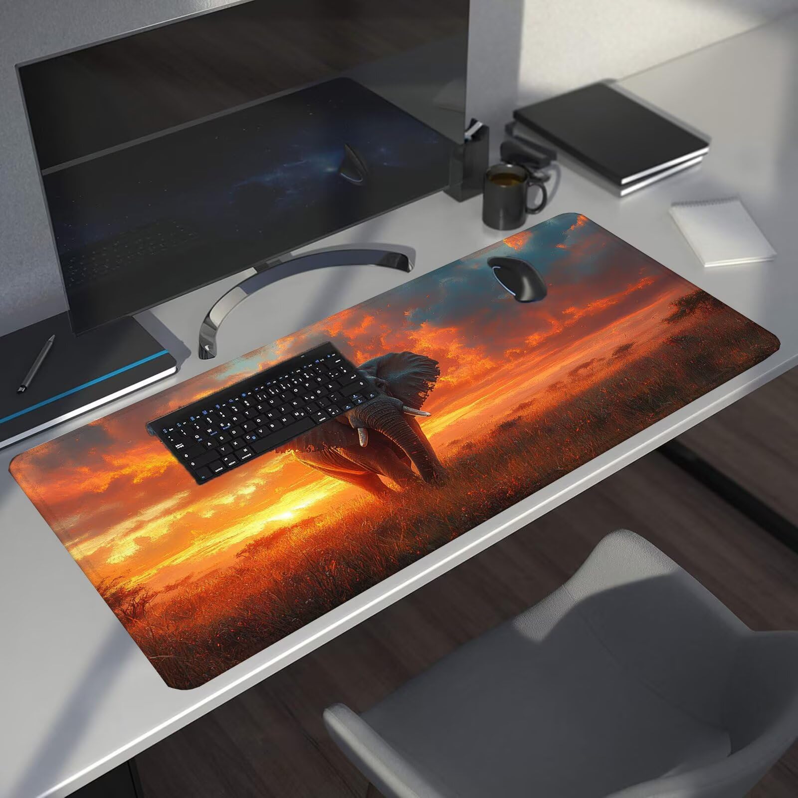Podkładka pod mysz ze słoniem XXL zachód słońca podkładka pod mysz 1600 x 800 x 4 mm podkładka pod mysz do gier, duża wodoodporna antypoślizgowa mata na biurko, podkładka pod mysz szyte krawędzie dla