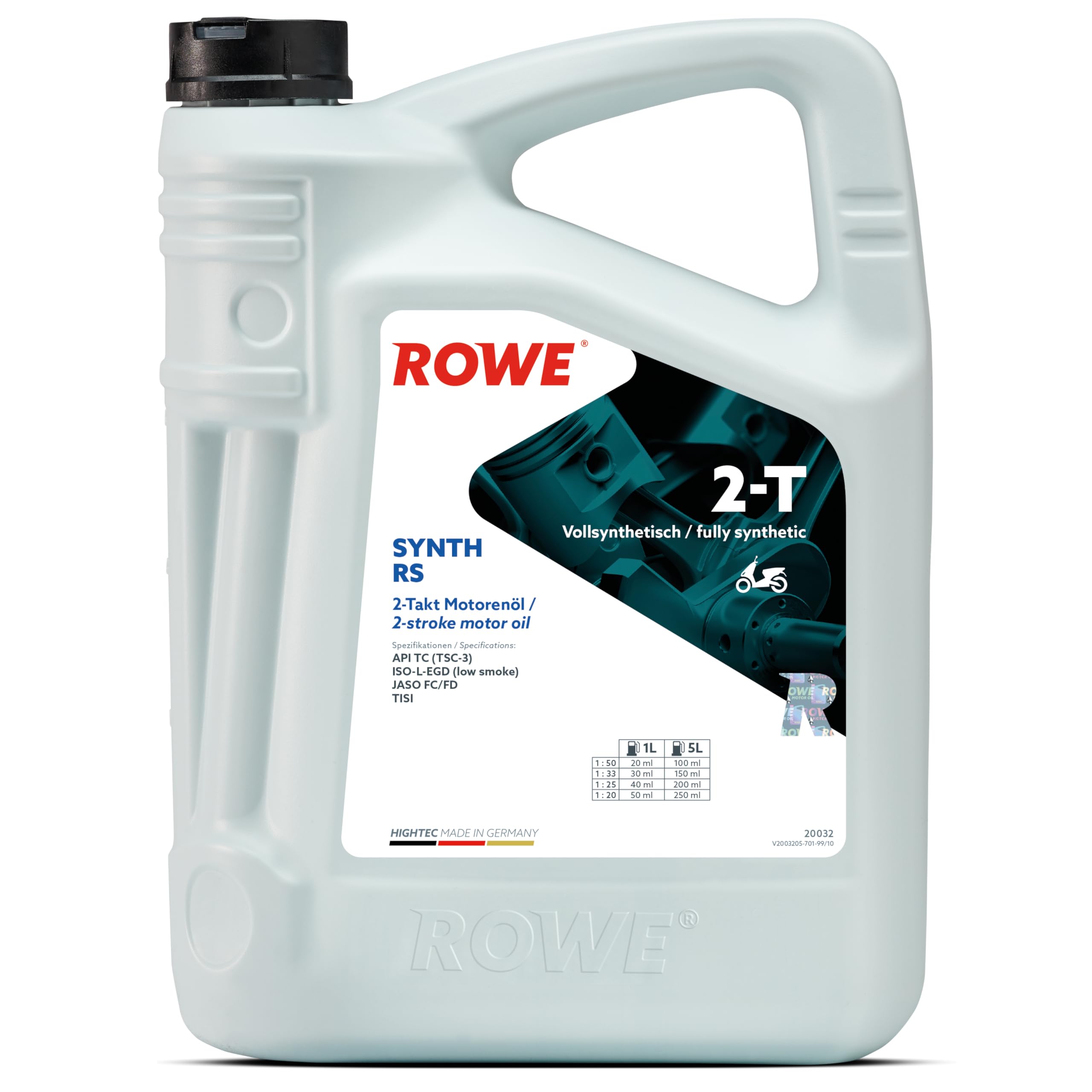 ROWE HIGHTEC Synth RS 2-T, 5 Liter, vollsynth. Ultra-High-Performance 2-Takt- Motorenöl | Vollsynthetisches Ultra-High-Performance 2-Takt-Motoröl für luft- und wassergekühlte Motoren, Art. Nr. 20032