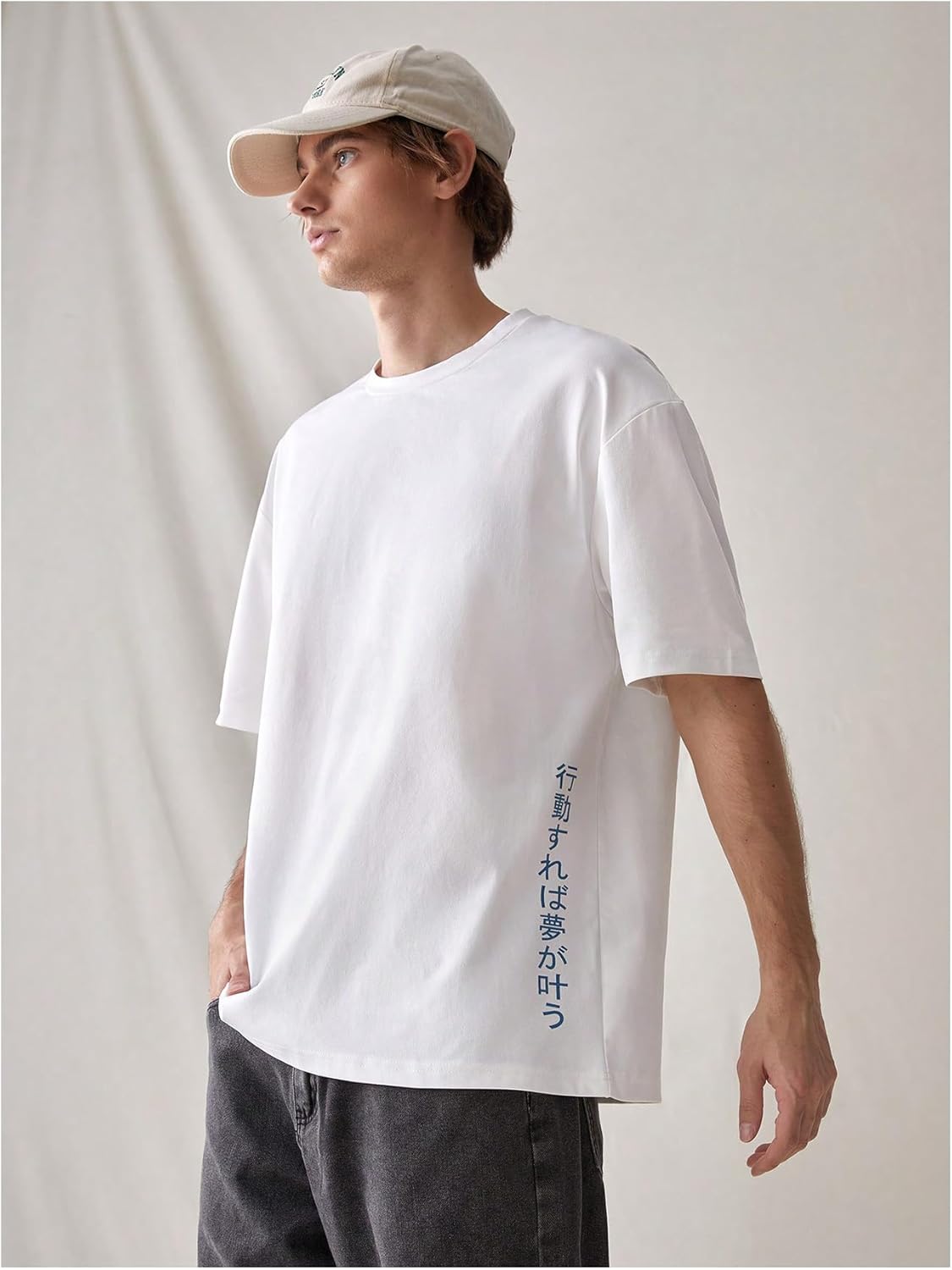 GORGLITTER Men's Japanese Letter Graphic Tee Top Oversized Short Sleeve Casual Aesthetic Print T-Shirt - Image 2