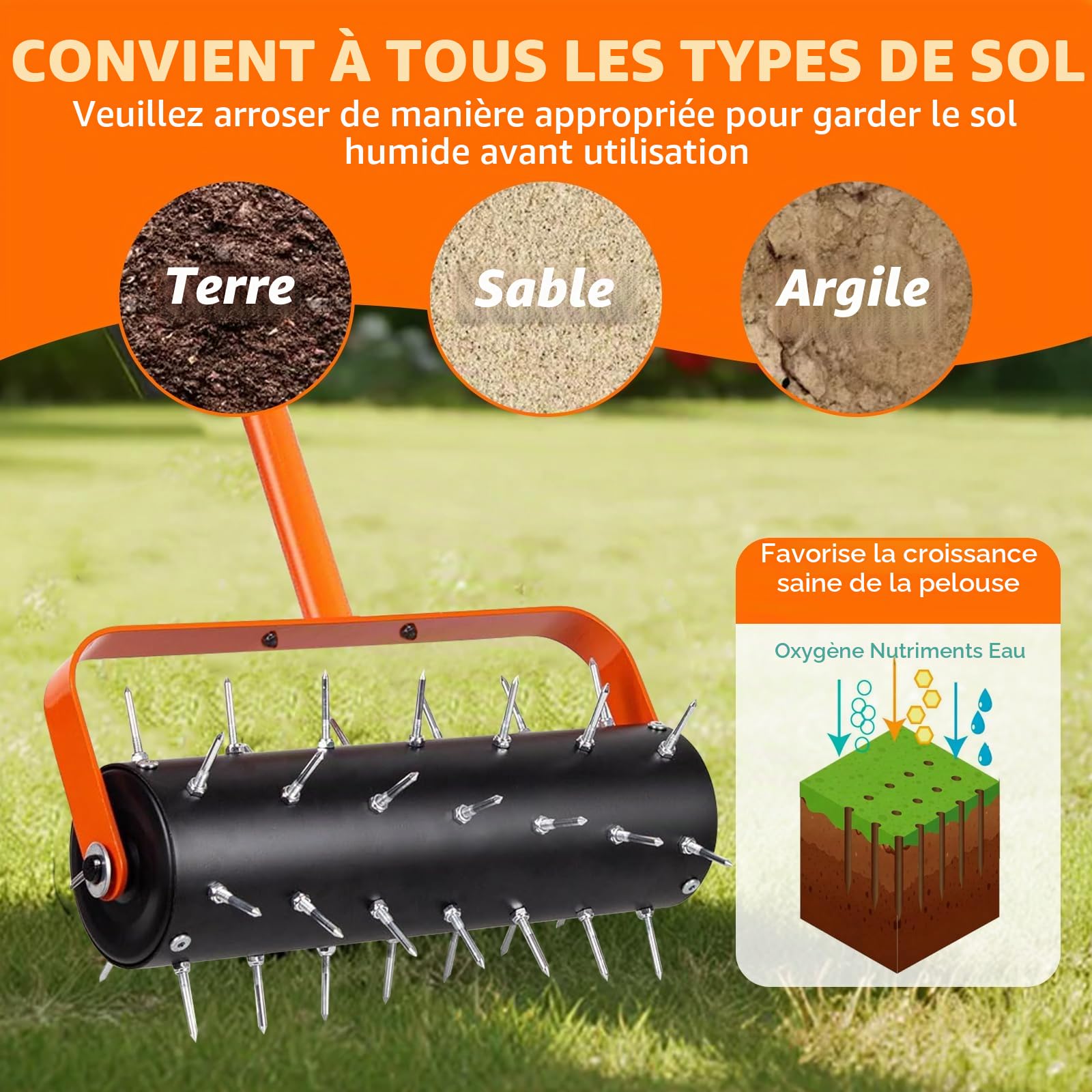 LIROPAU Rouleau Aérateur Gazon, Scarificateur Gazon Manuel, avec 42 Clous de 5 cm et Protection Anti-éclaboussures, Rouleau Aérateur Gazon de Pelouse en Métal pour Pelouse, Jardin, Cour, 120 x 40 cm