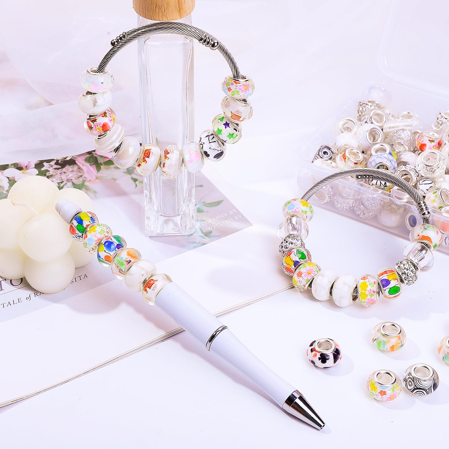 VICTLOV 100 Pieces 14mm European Beads for Pens,Large Hole Beads for Charm Bracelet Jewelry Making Bulk, Decoration Lampwork Murano Glass Spacer Beads for Crafts Garden Stakes (White)