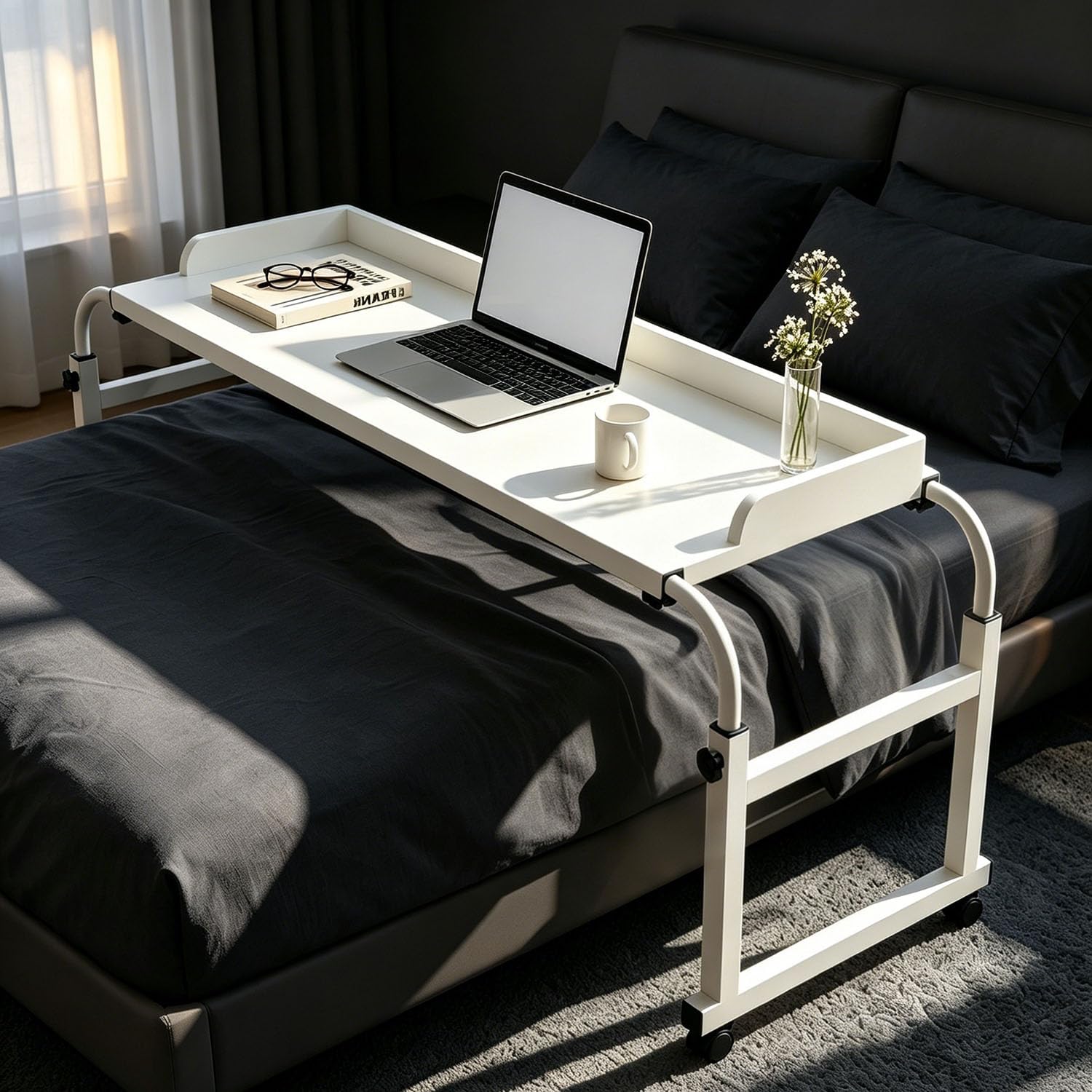 GXQFC Adjustable Overbed Table with Wheels, Laptop Cart Computer Desk