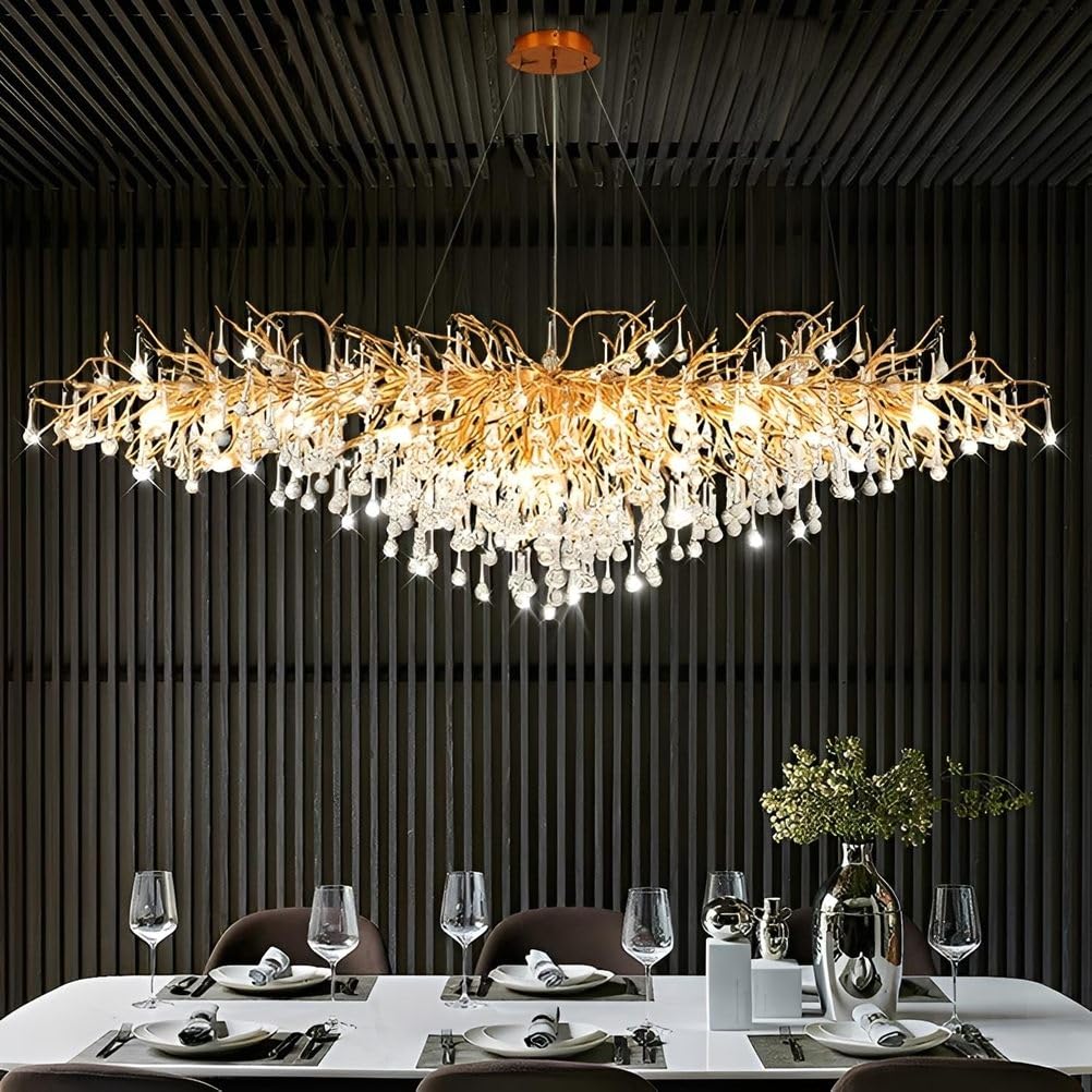KXEcoLife Modern Crystal Chandelier for Dining Room - Rectangle Light Fixture, Raindrop Tree Branch Chandeliers Living Room, Bedroom, Entryway, Foyer, High Ceiling,L100cm